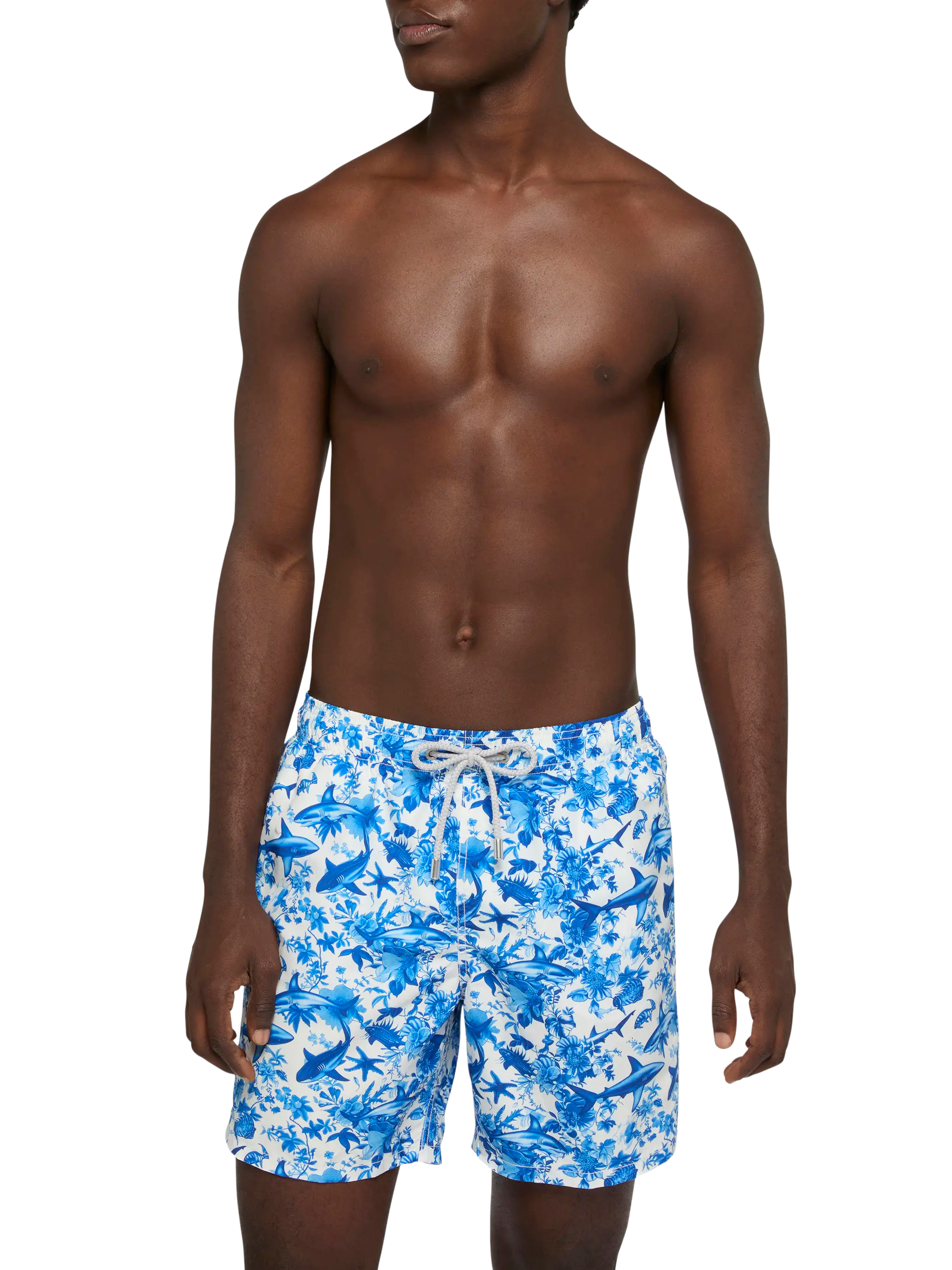 Mid-Length Gustavia Swim-Shorts With Shark Print | Ai Co-Created Design By Rickdick - Powered Red-Eye White Swimshort