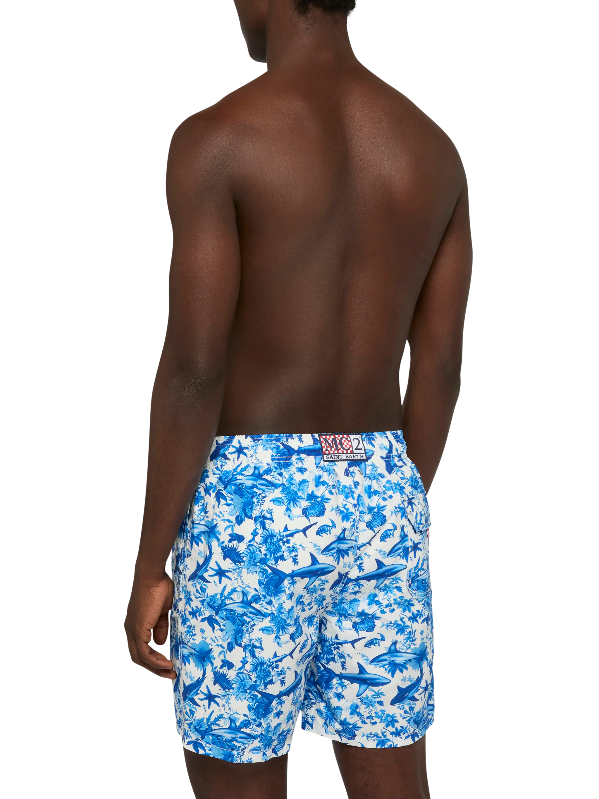 Mid-Length Gustavia Swim-Shorts With Shark Print | Ai Co-Created Design By Rickdick - Powered Red-Eye White Swimshort