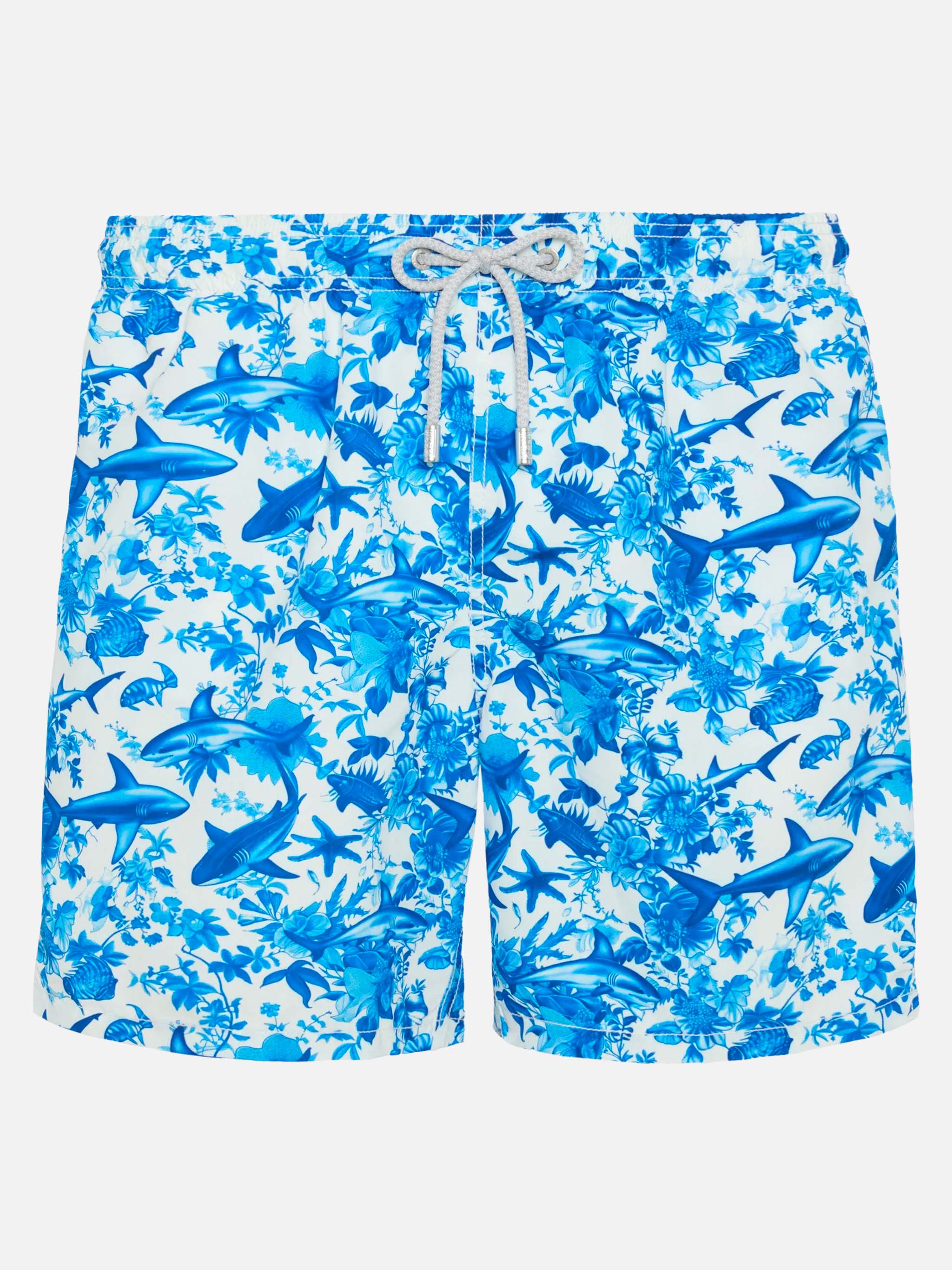 Mid-Length Gustavia Swim-Shorts With Shark Print | Ai Co-Created Design By Rickdick - Powered Red-Eye White Swimshort