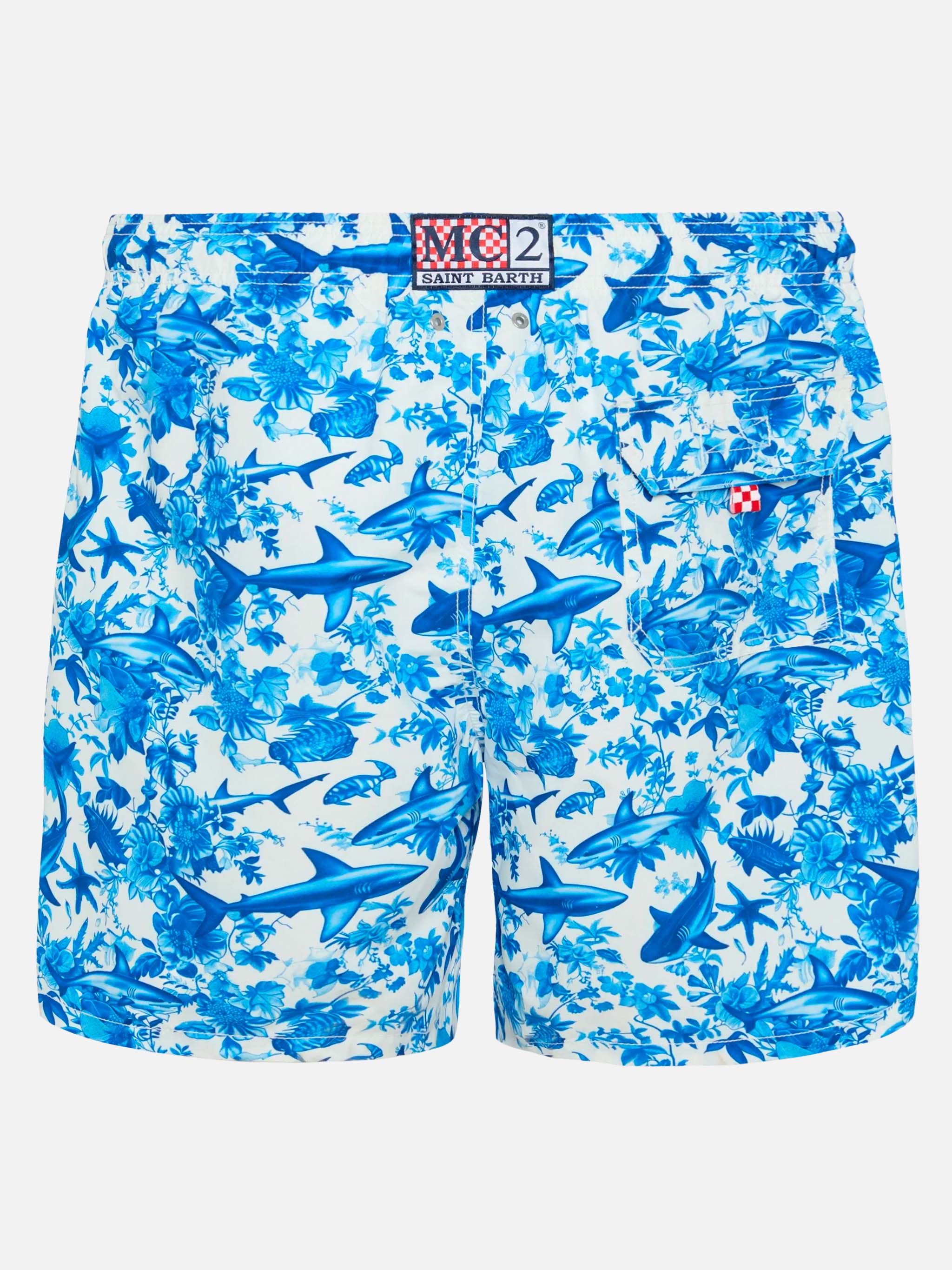 Mid-Length Gustavia Swim-Shorts With Shark Print | Ai Co-Created Design By Rickdick - Powered Red-Eye White Swimshort