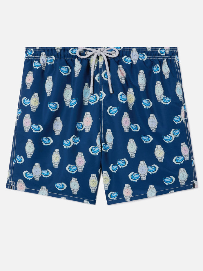 Gustavia Swim Shorts With Oysters And Watches Print Blue Swimshort
