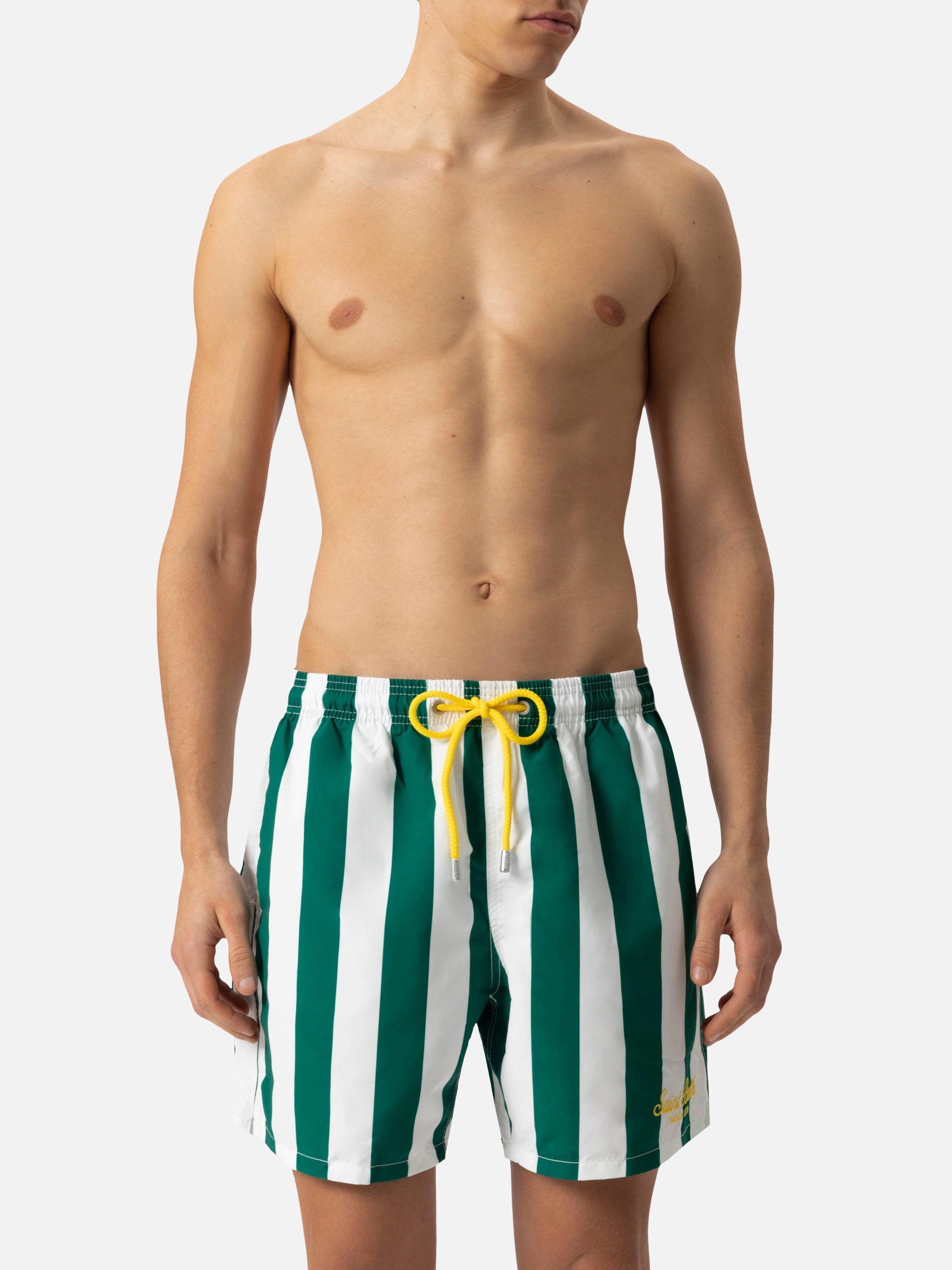 Mid-Length Striped Gustavia Swim-Shorts With St. Barth Embroidery White Swimshort