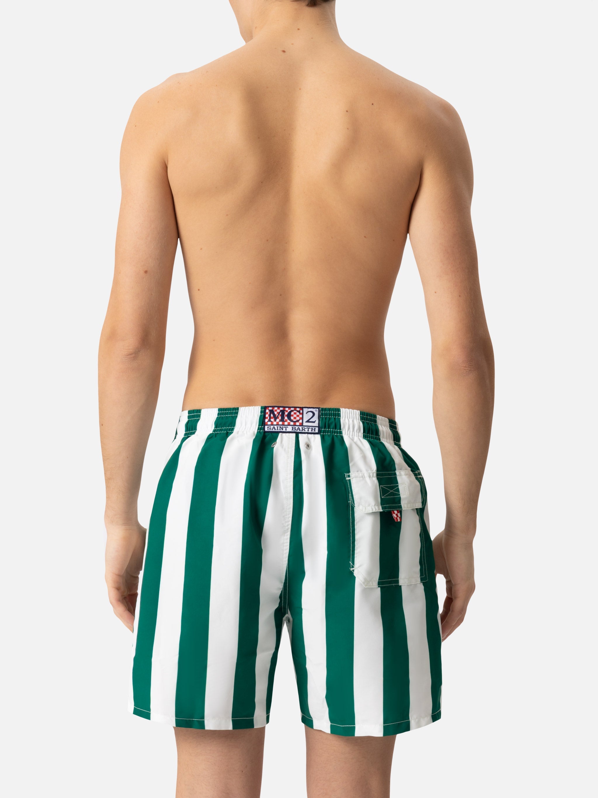 Mid-Length Striped Gustavia Swim-Shorts With St. Barth Embroidery White Swimshort