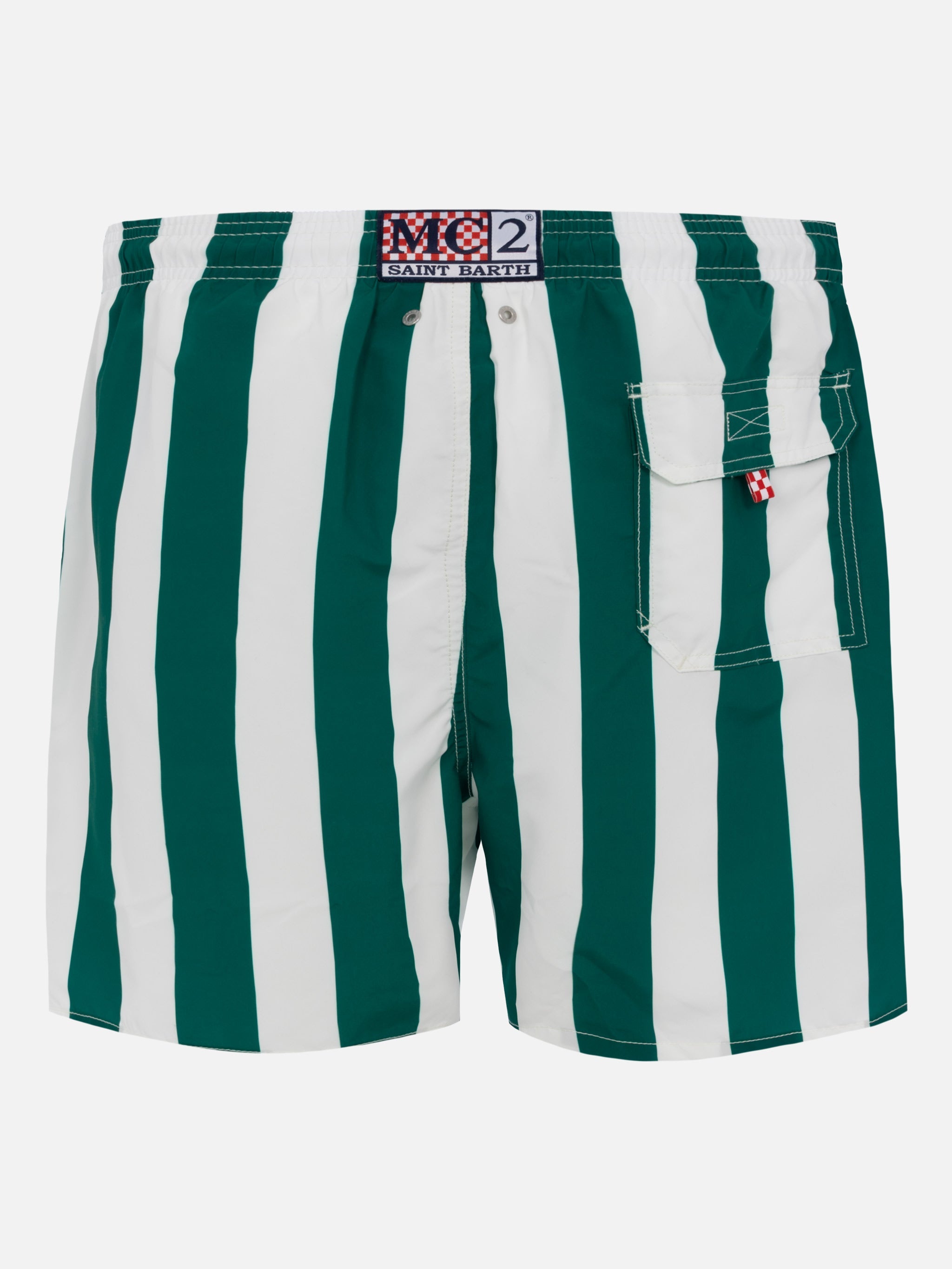 Mid-Length Striped Gustavia Swim-Shorts With St. Barth Embroidery White Swimshort