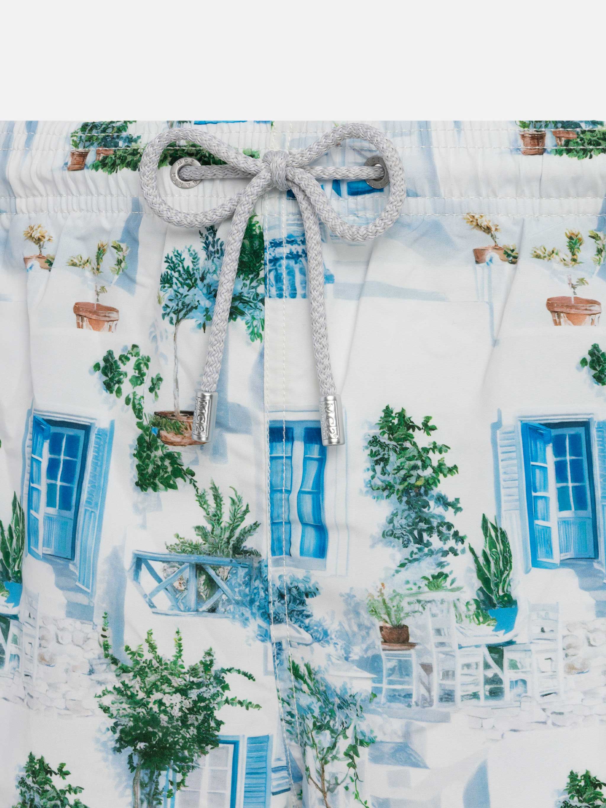 Mid-Length Gustavia Swim-Shorts With Greek House Print | Ai Co-Created Design By Rickdick - Powered Red-Eye White Swimshort