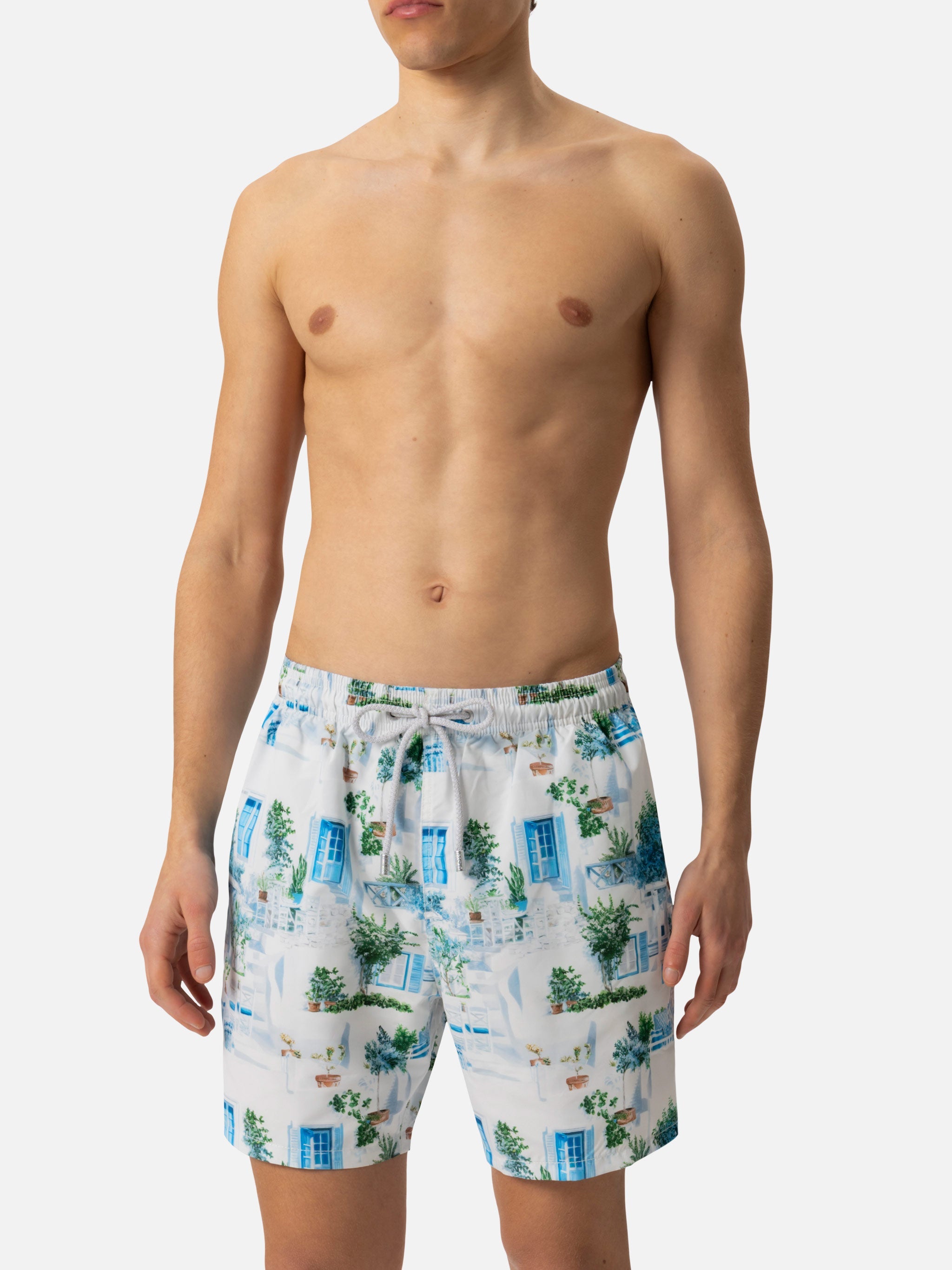Mid-Length Gustavia Swim-Shorts With Greek House Print | Ai Co-Created Design By Rickdick - Powered Red-Eye White Swimshort