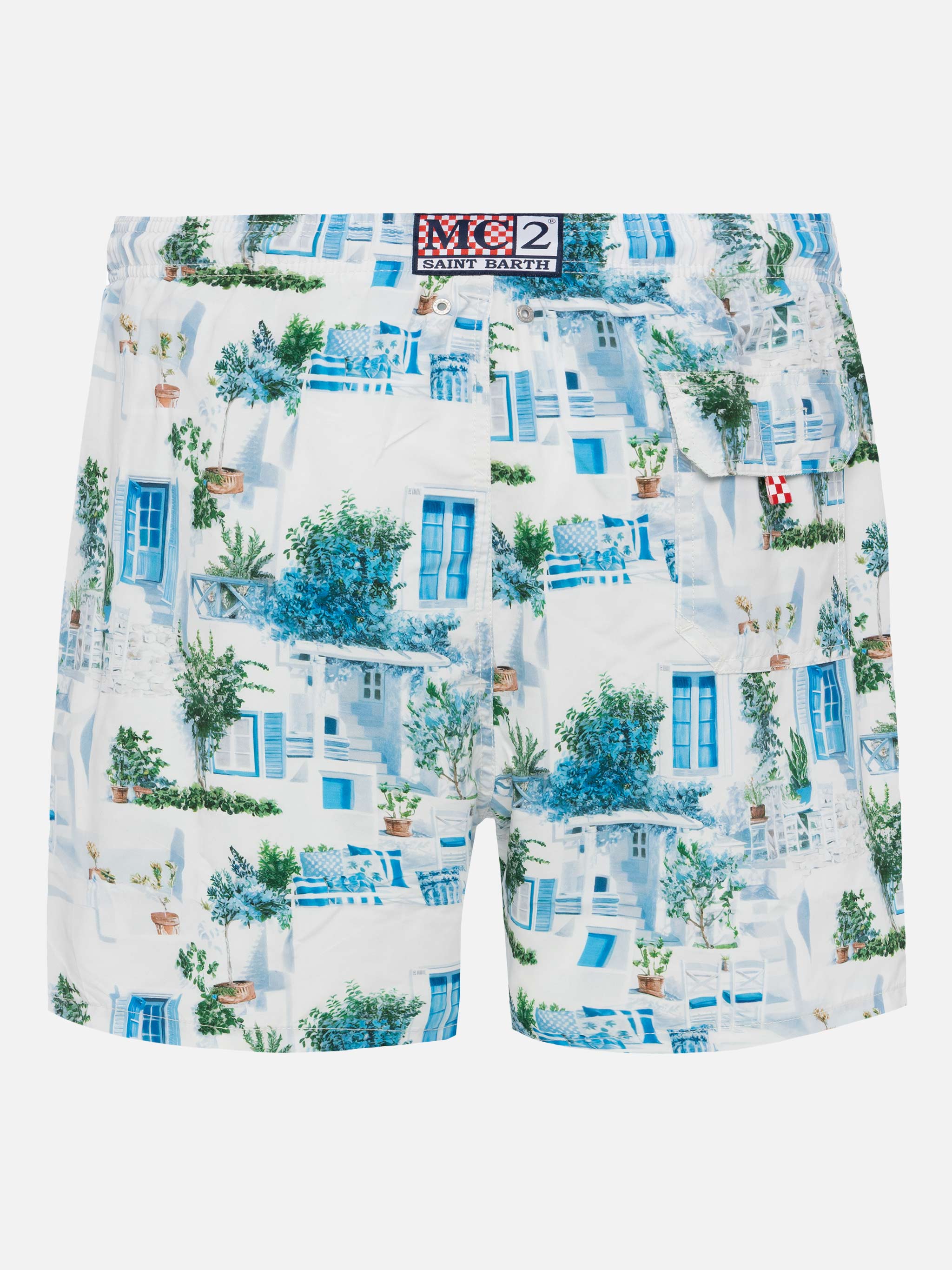 Mid-Length Gustavia Swim-Shorts With Greek House Print | Ai Co-Created Design By Rickdick - Powered Red-Eye White Swimshort