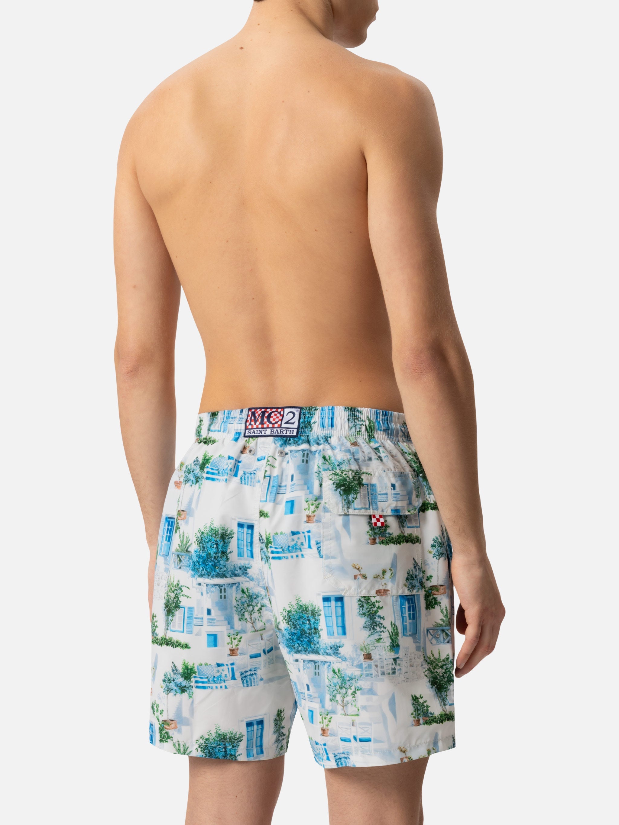 Mid-Length Gustavia Swim-Shorts With Greek House Print | Ai Co-Created Design By Rickdick - Powered Red-Eye White Swimshort