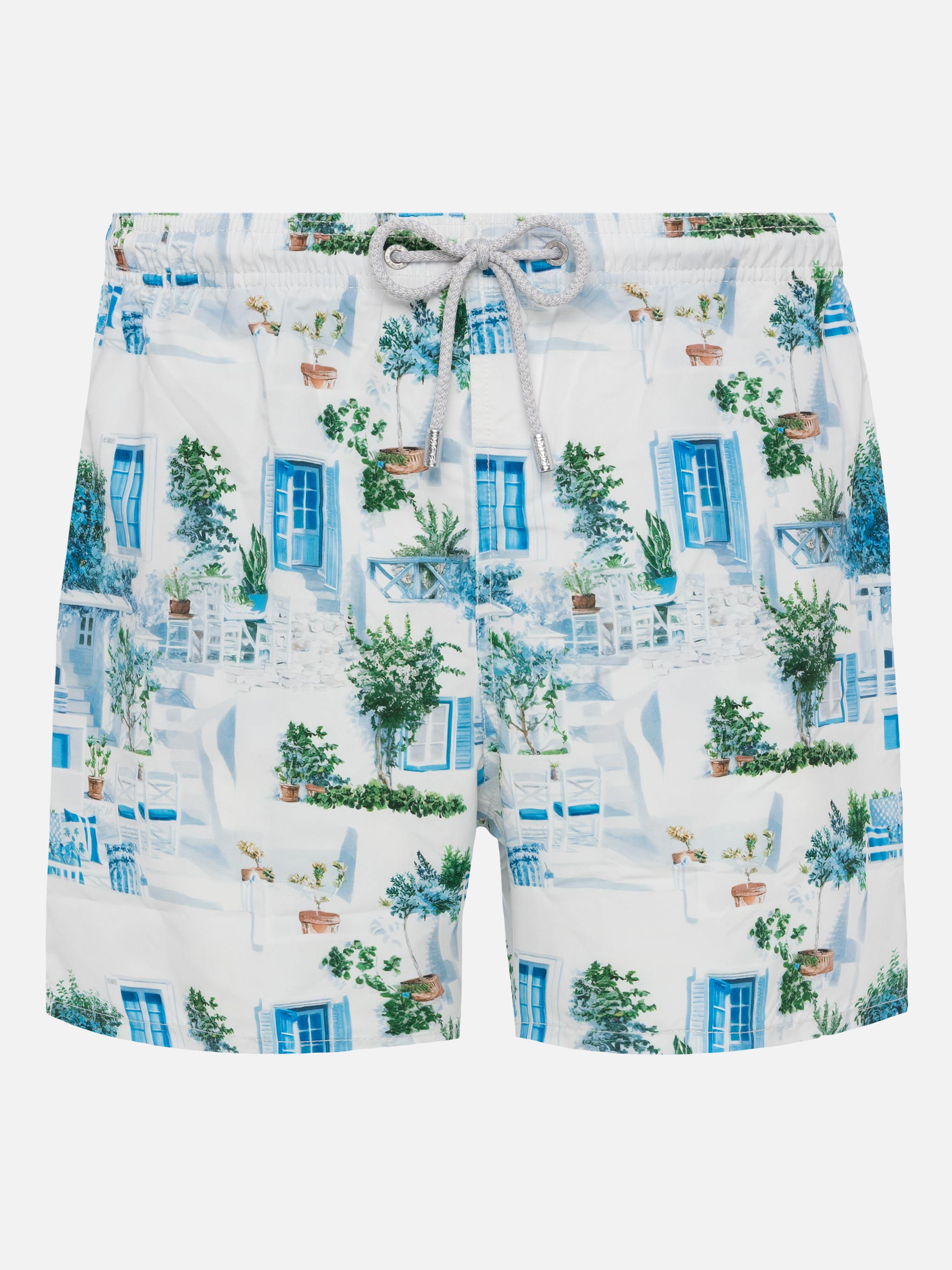 Mid-Length Gustavia Swim-Shorts With Greek House Print | Ai Co-Created Design By Rickdick - Powered Red-Eye White Swimshort