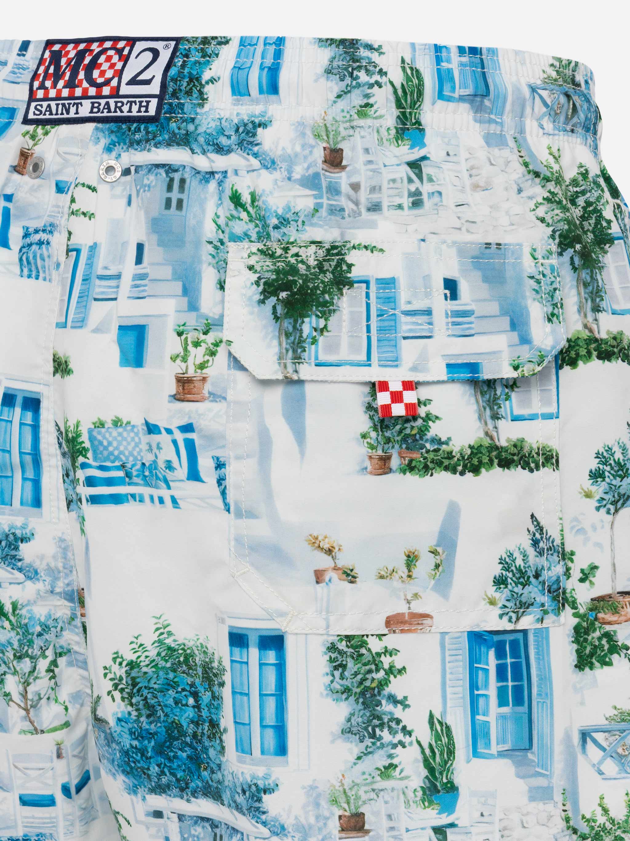 Mid-Length Gustavia Swim-Shorts With Greek House Print | Ai Co-Created Design By Rickdick - Powered Red-Eye White Swimshort