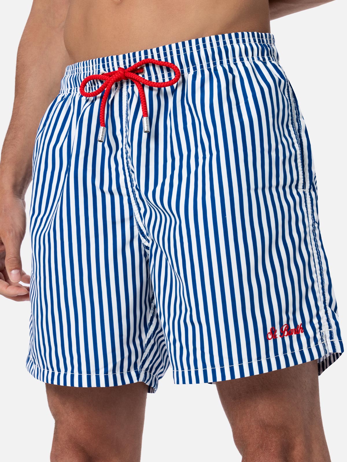 Mid-Length Striped Gustavia Swim-Shorts With St. Barth Embroidery Blue Swimshort