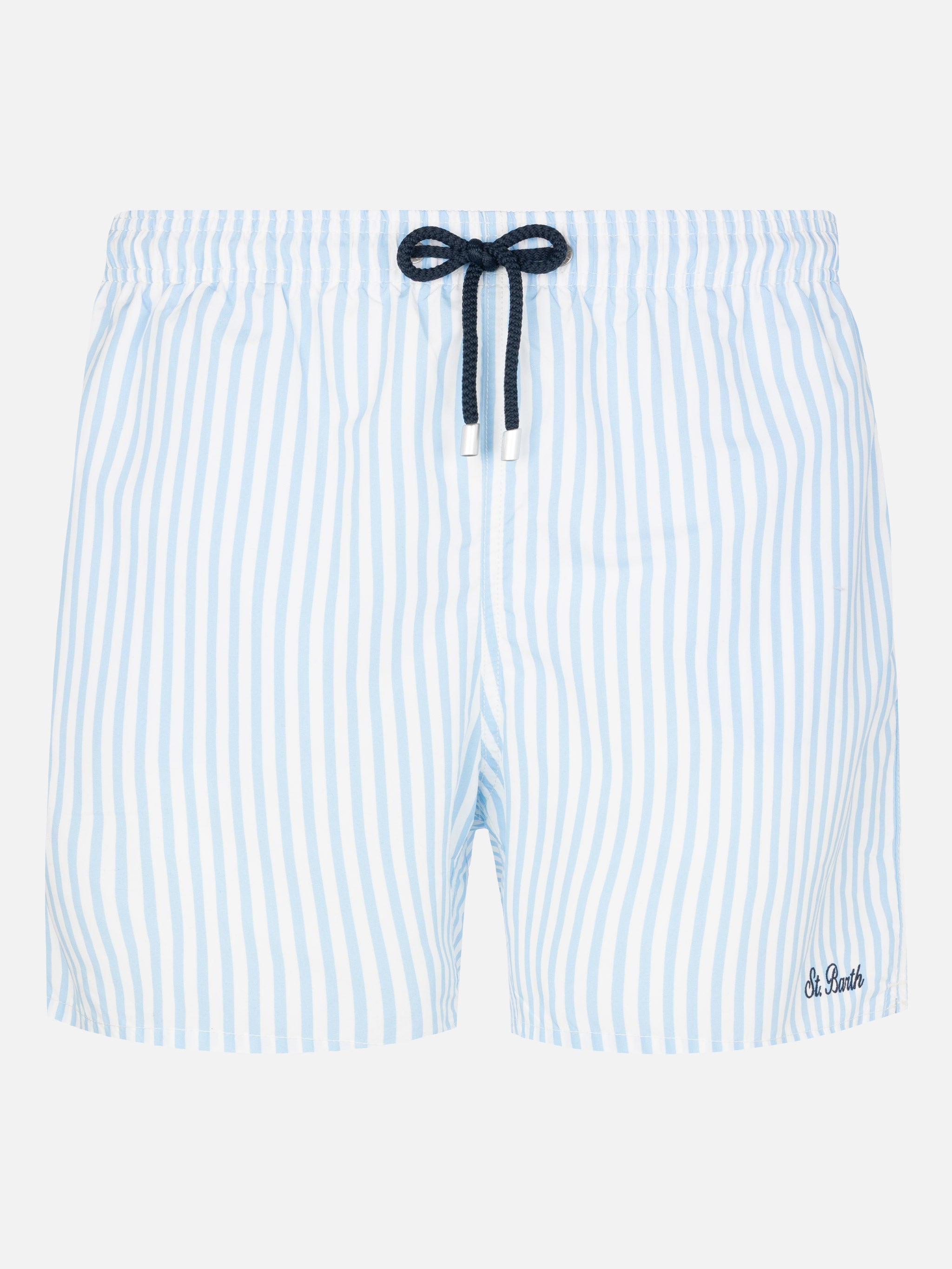 Mid-Length Striped Gustavia Swim-Shorts With St. Barth Embroidery Sky Swimshort