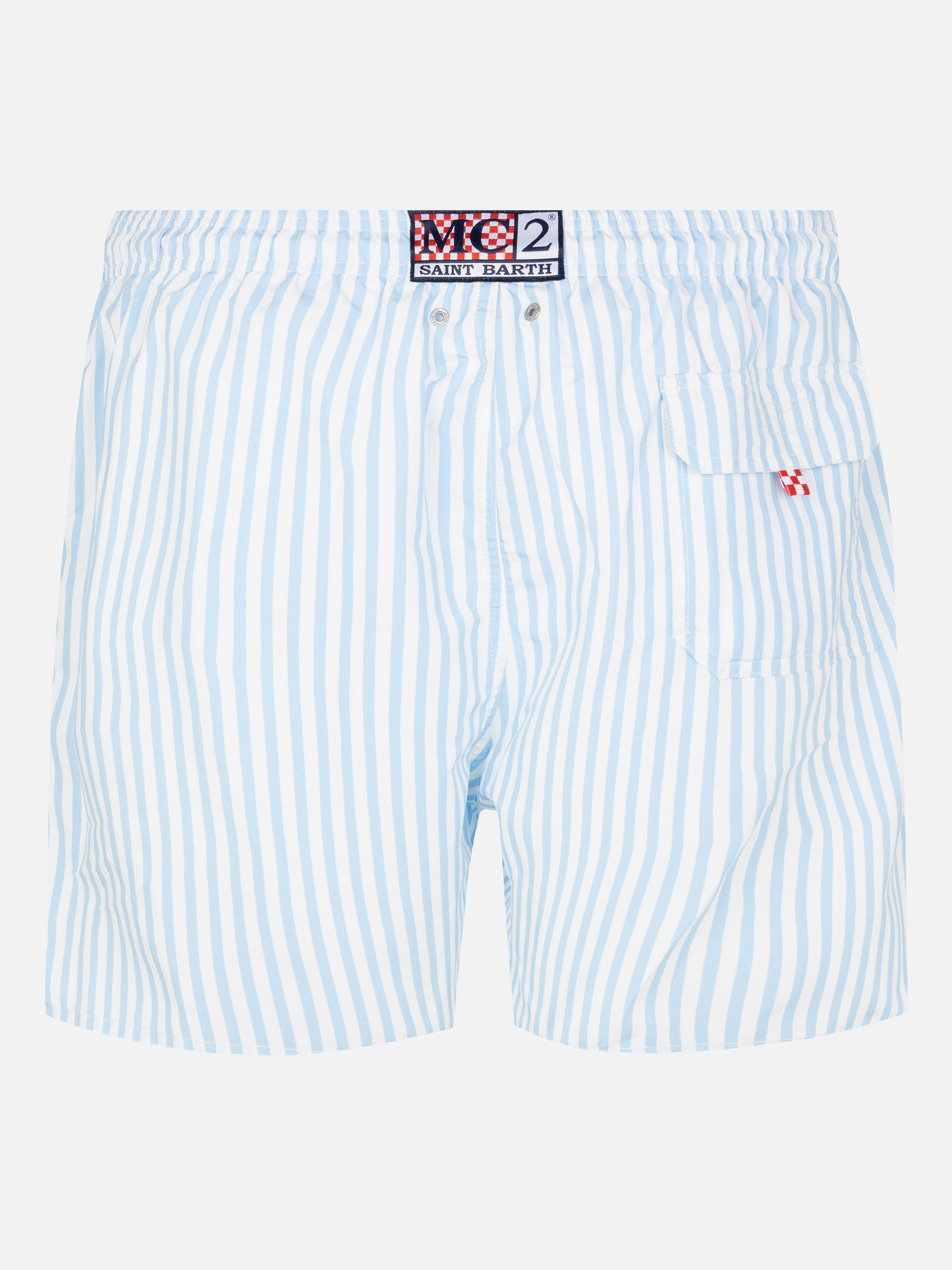 Mid-Length Striped Gustavia Swim-Shorts With St. Barth Embroidery Sky Swimshort