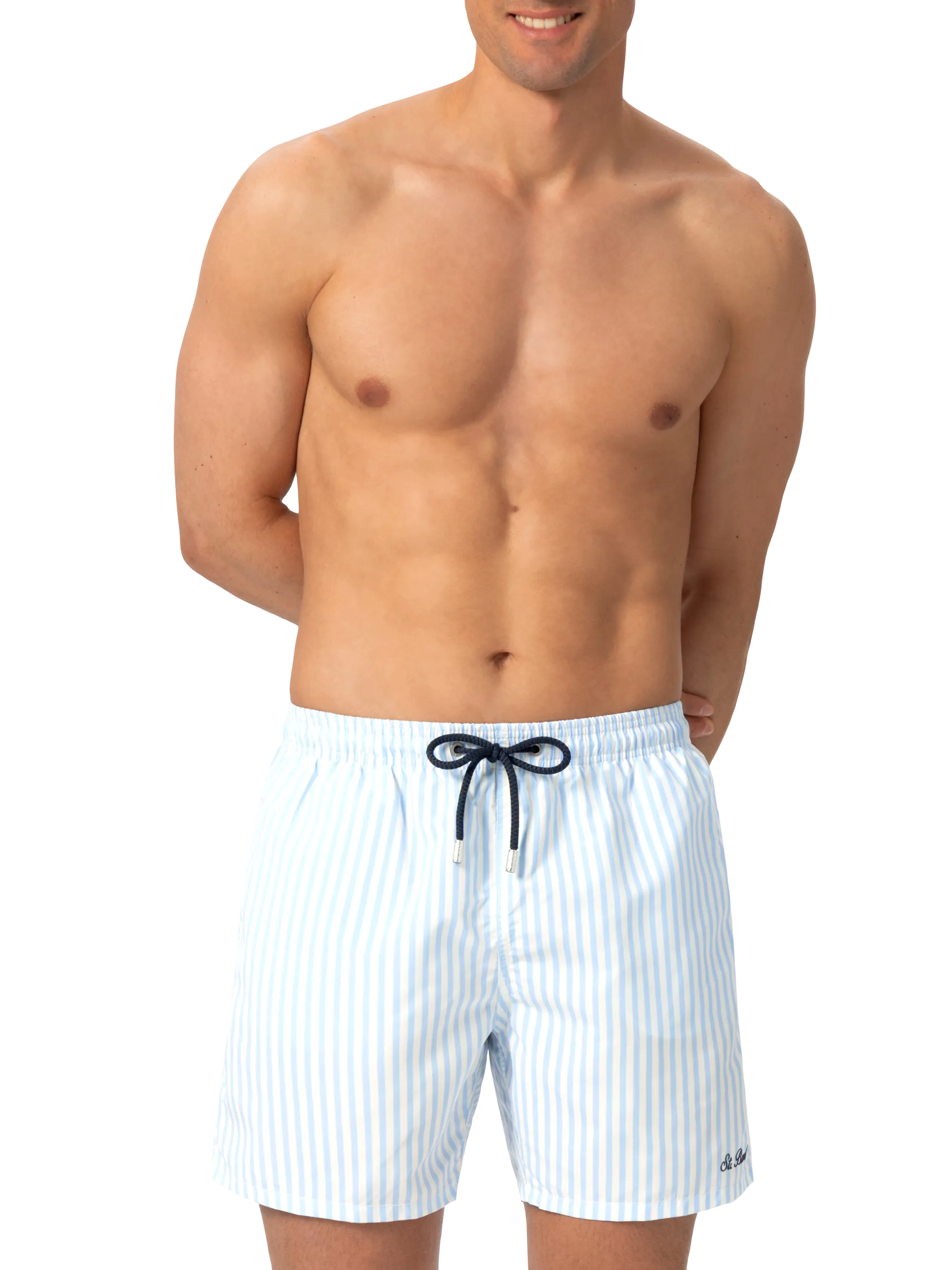 Mid-Length Striped Gustavia Swim-Shorts With St. Barth Embroidery Sky Swimshort