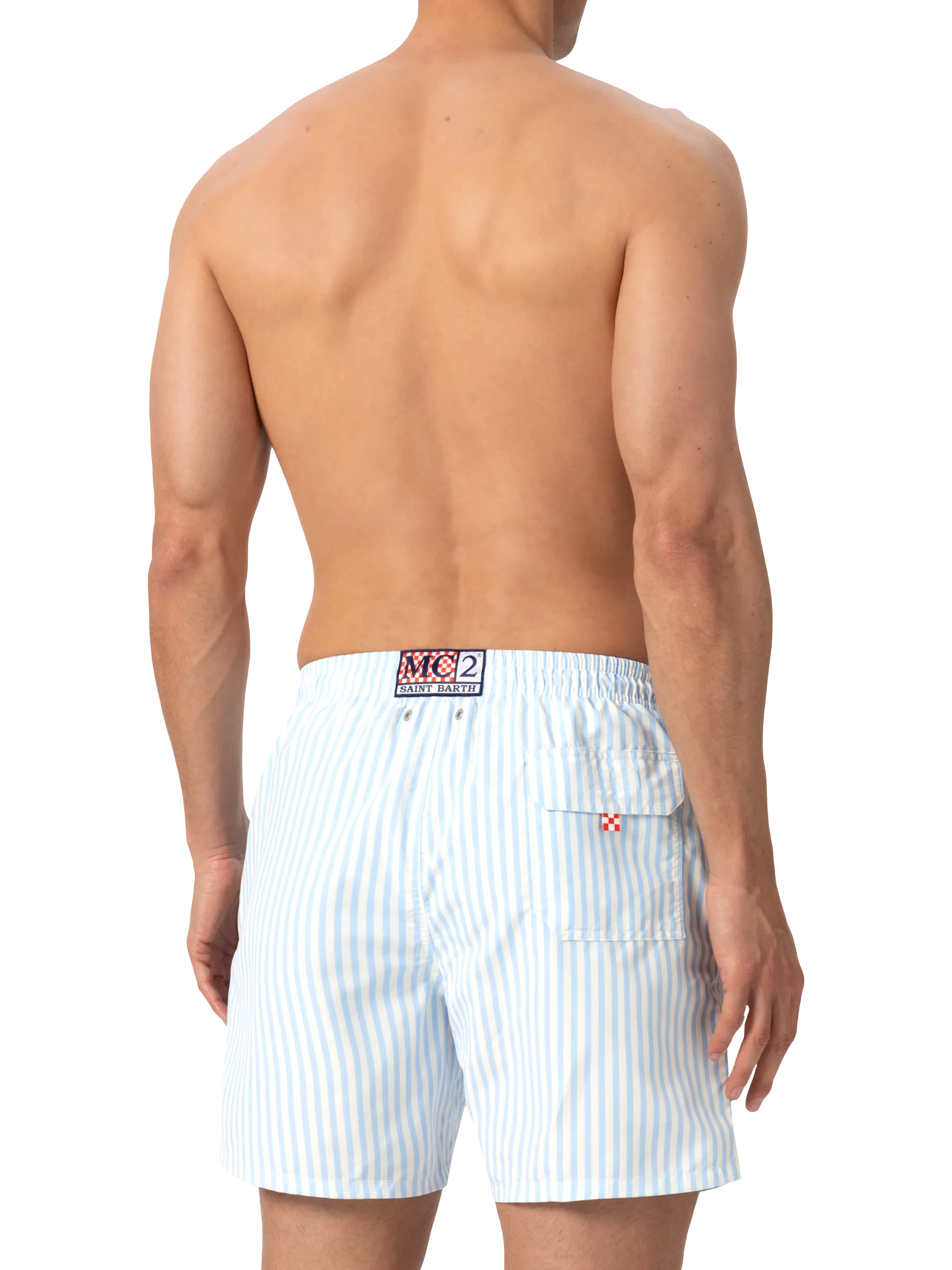 Mid-Length Striped Gustavia Swim-Shorts With St. Barth Embroidery Sky Swimshort