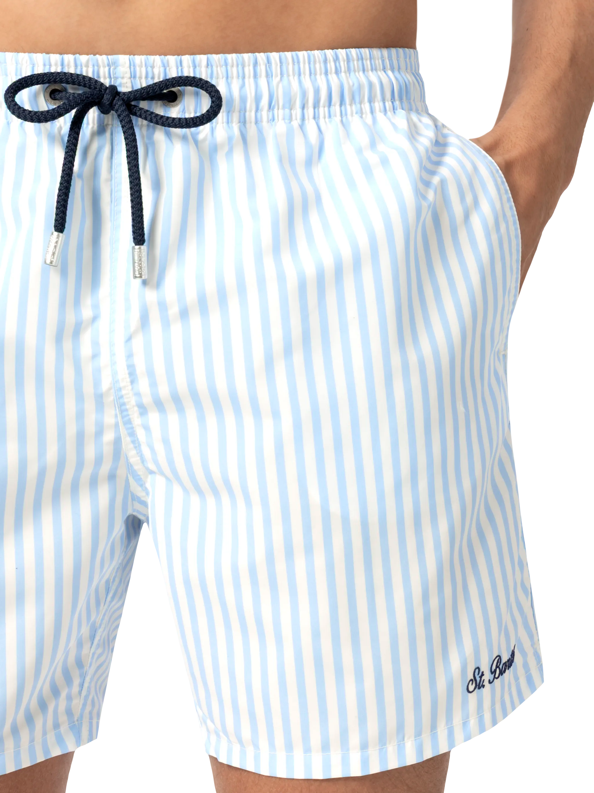 Mid-Length Striped Gustavia Swim-Shorts With St. Barth Embroidery Sky Swimshort