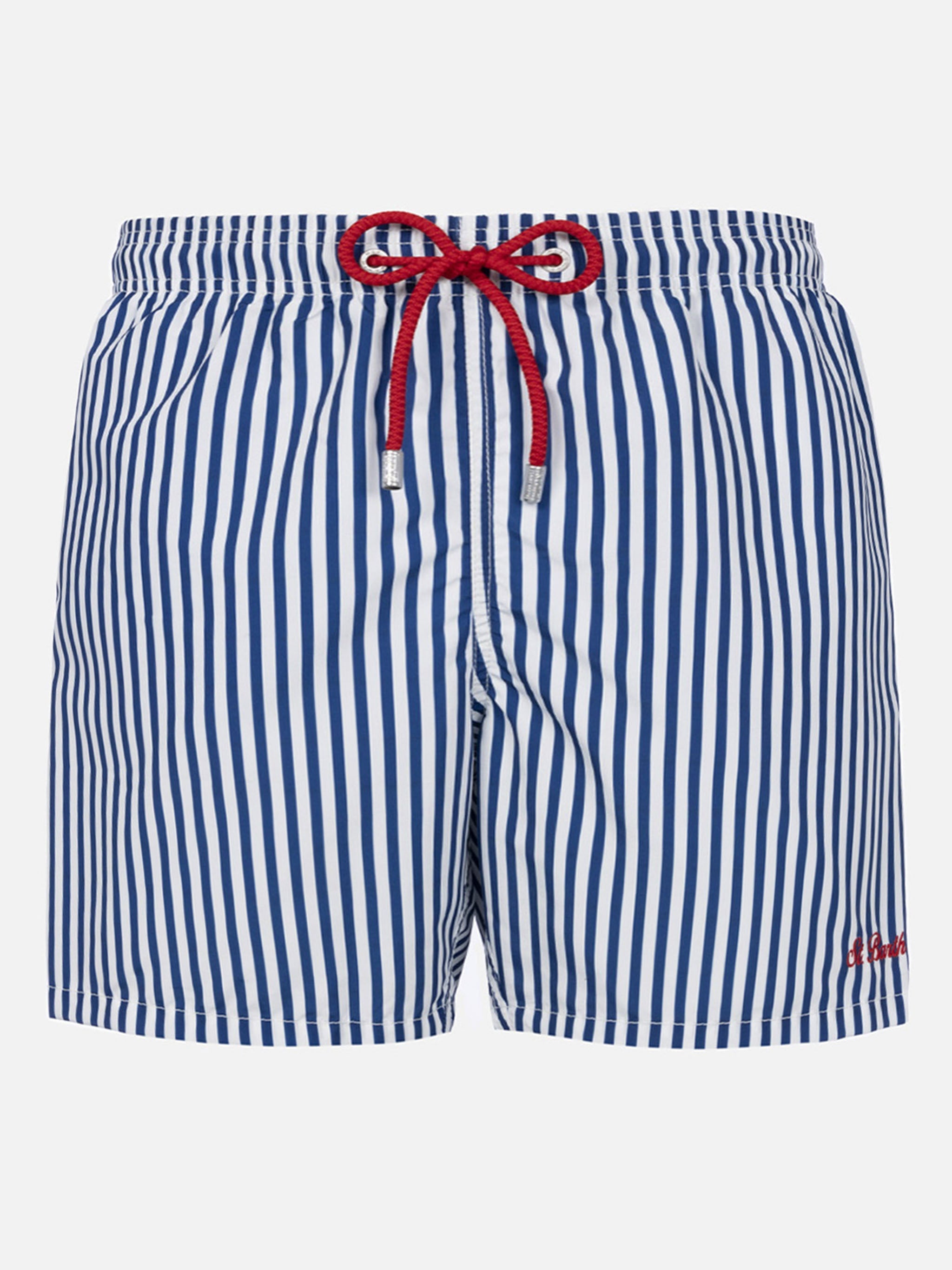Mid-Length Striped Gustavia Swim-Shorts With St. Barth Embroidery Blue Swimshort