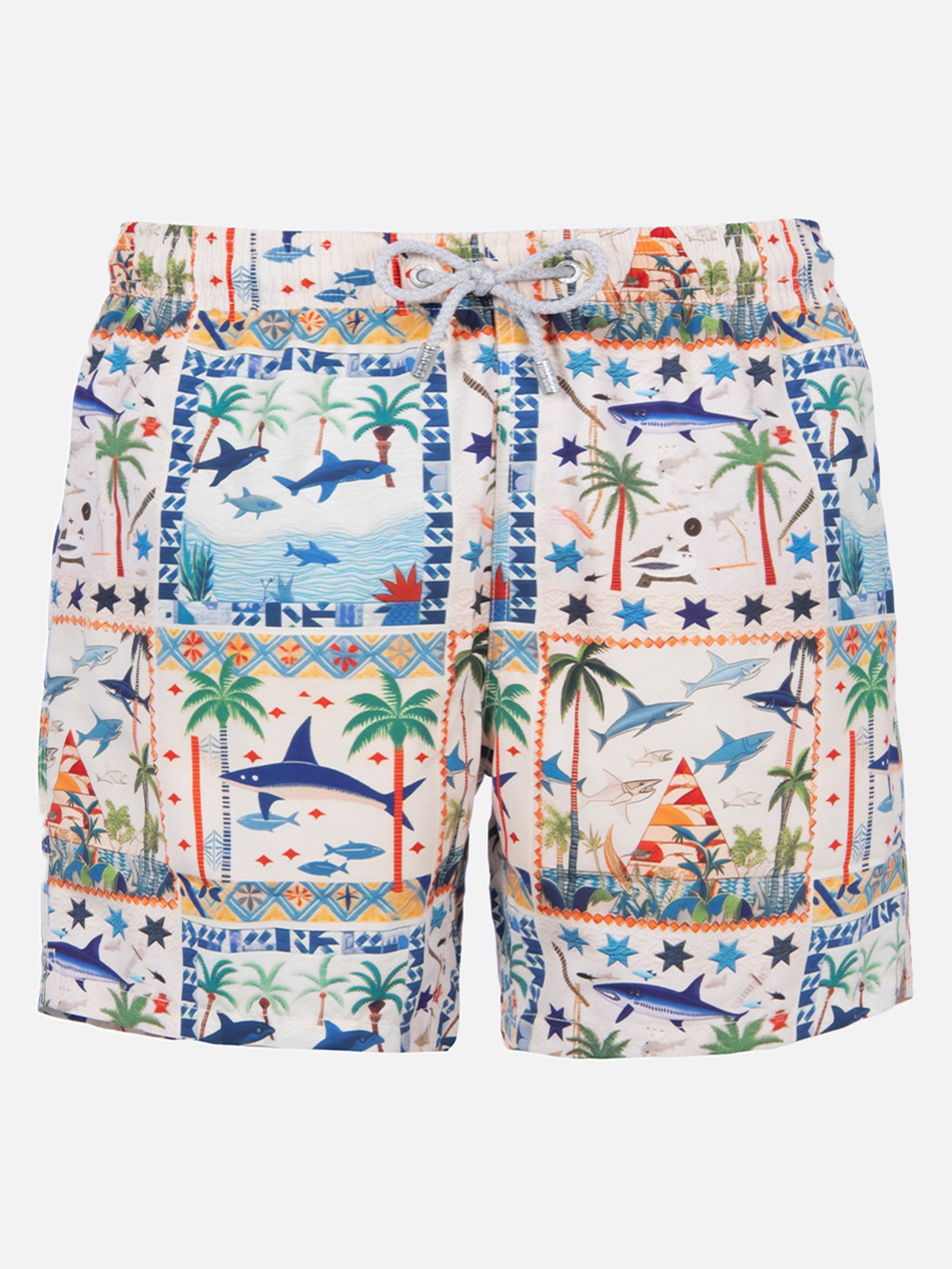 Mid-Length Gustavia Swim-Shorts With Shark Print | Ai Co-Created Design By Rickdick - Powered Red-Eye White Swimshort
