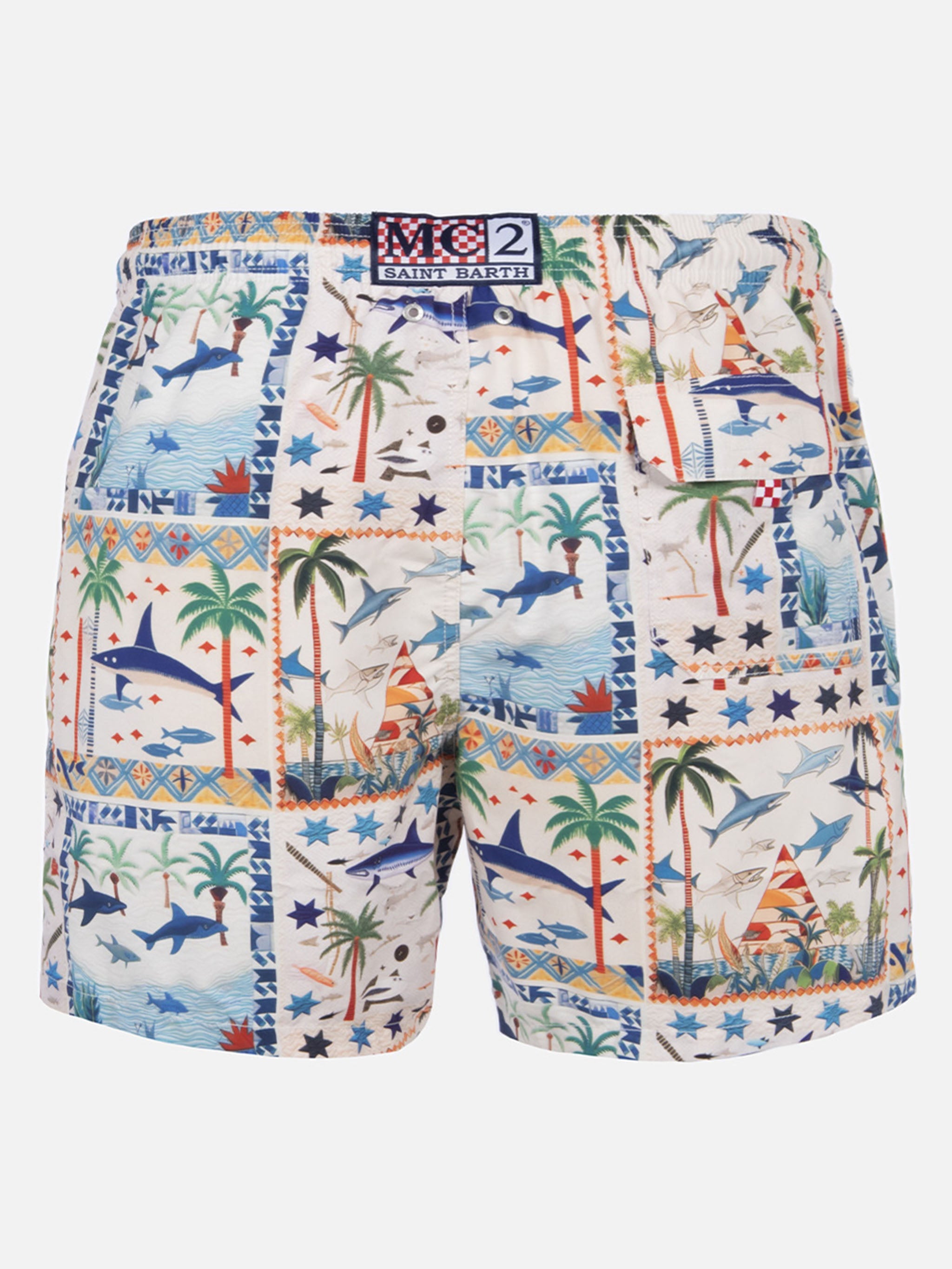 Mid-Length Gustavia Swim-Shorts With Shark Print | Ai Co-Created Design By Rickdick - Powered Red-Eye White Swimshort