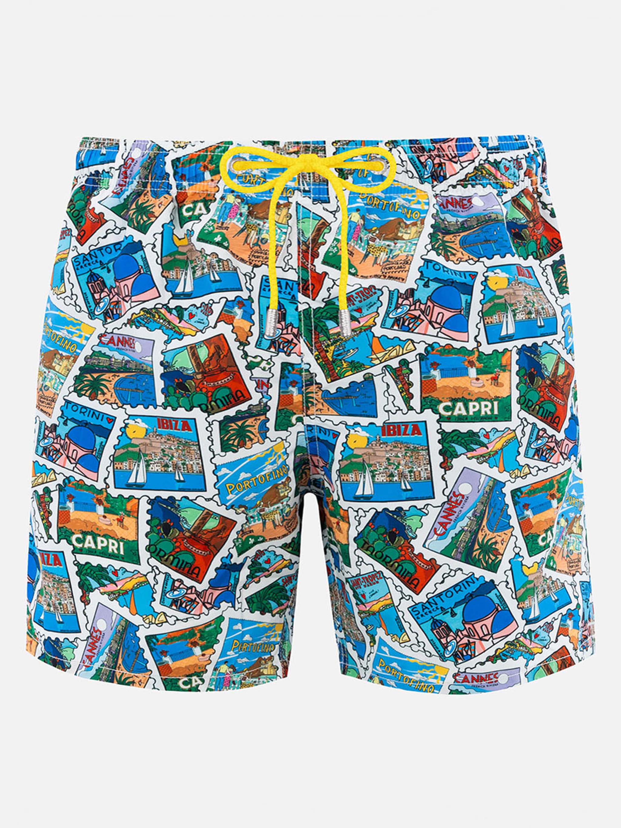 Man Mid-Length Gustavia Swim-Shorts With Postcard Mix Print | Alessandro Enriquez Special Edition White Swimshort
