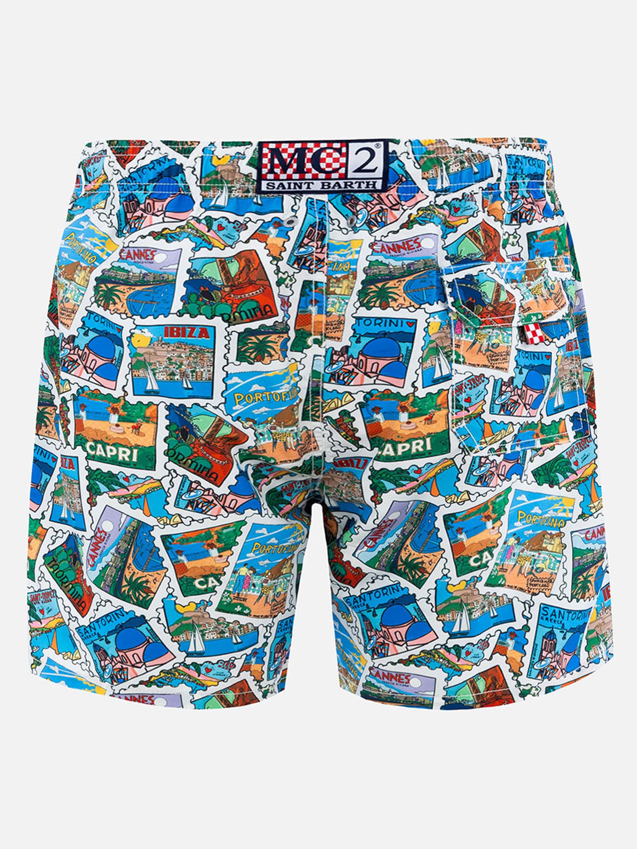 Man Mid-Length Gustavia Swim-Shorts With Postcard Mix Print | Alessandro Enriquez Special Edition White Swimshort