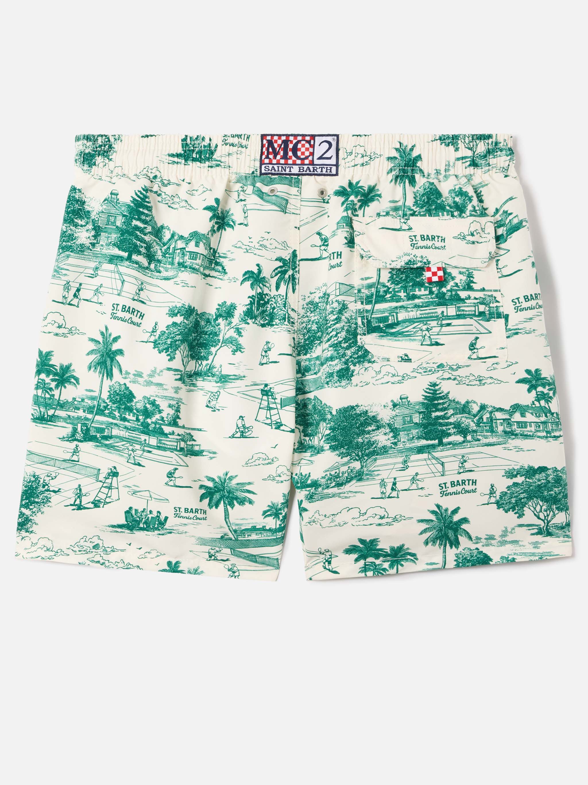 Gustavia Swim Shorts With Green Toile De Jouy Print White Swimshort
