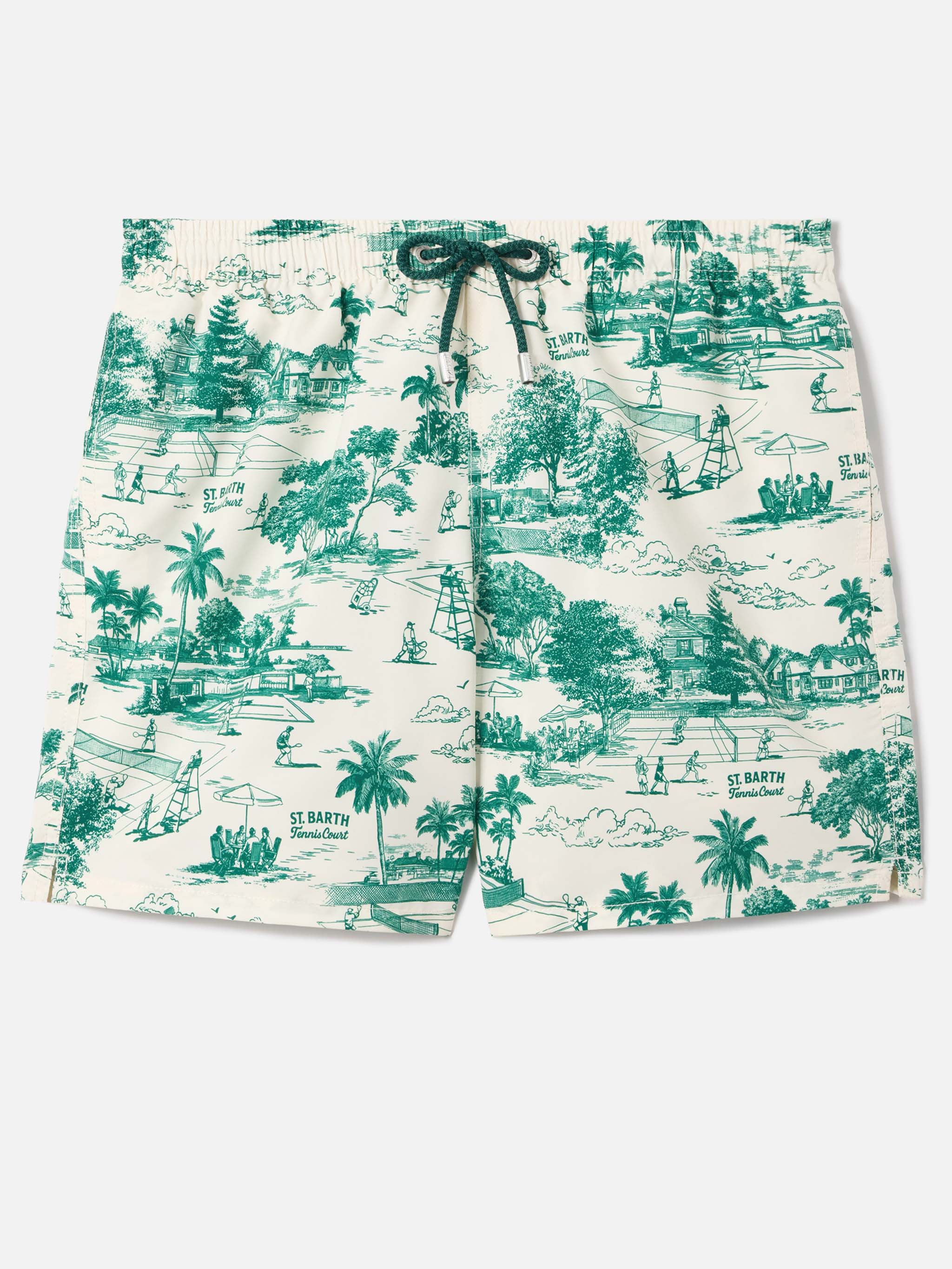 Gustavia Swim Shorts With Green Toile De Jouy Print White Swimshort