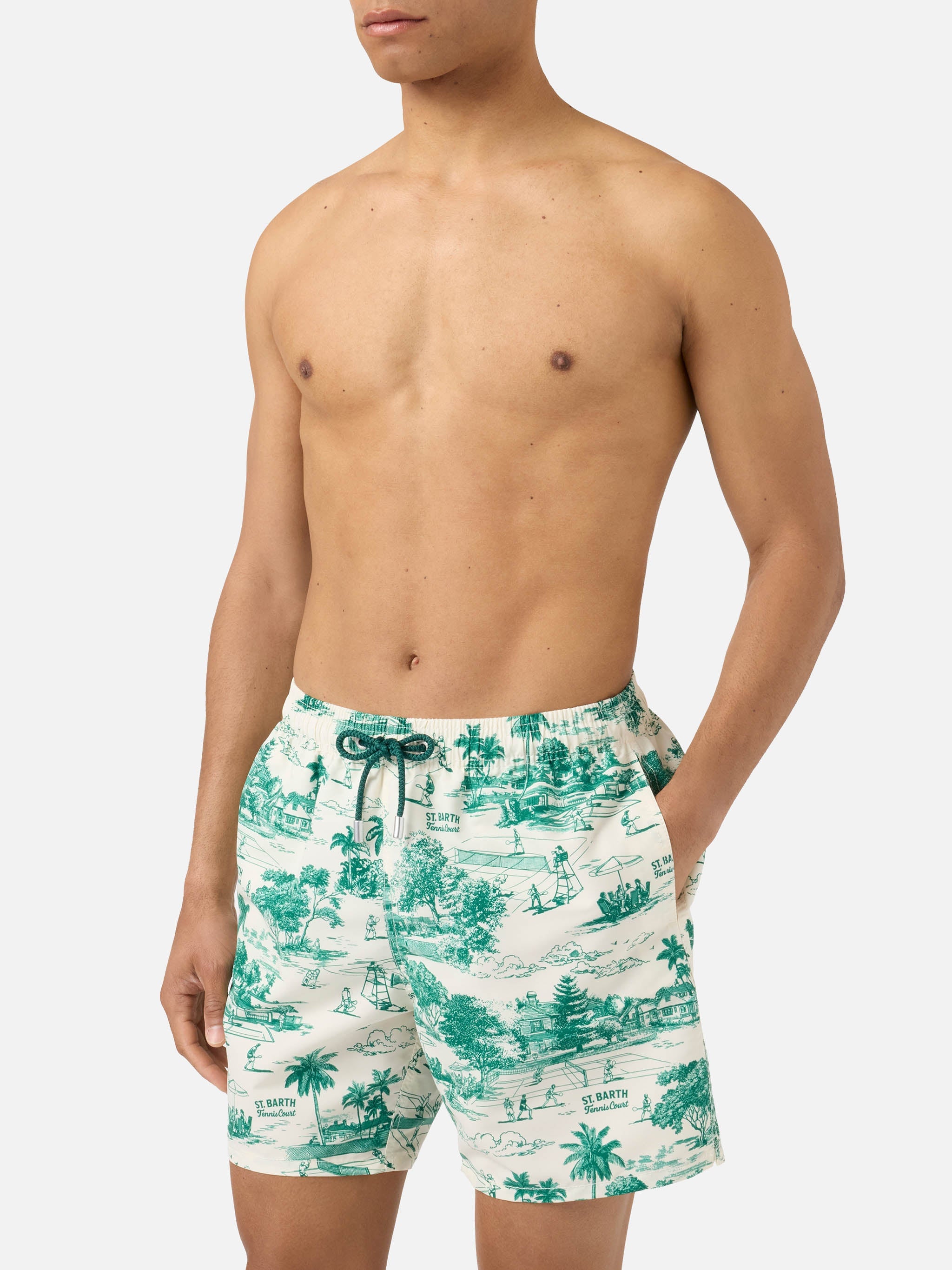 Gustavia Swim Shorts With Green Toile De Jouy Print White Swimshort