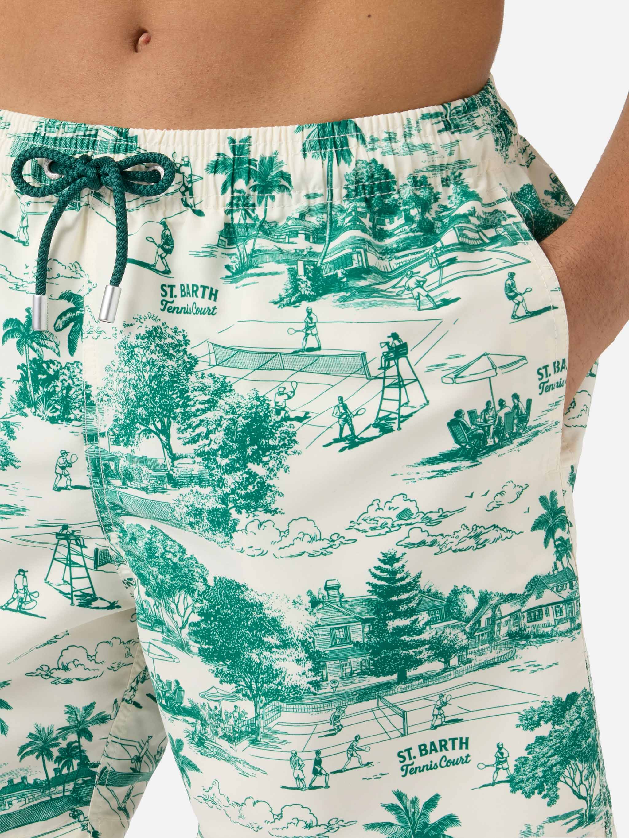 Gustavia Swim Shorts With Green Toile De Jouy Print White Swimshort