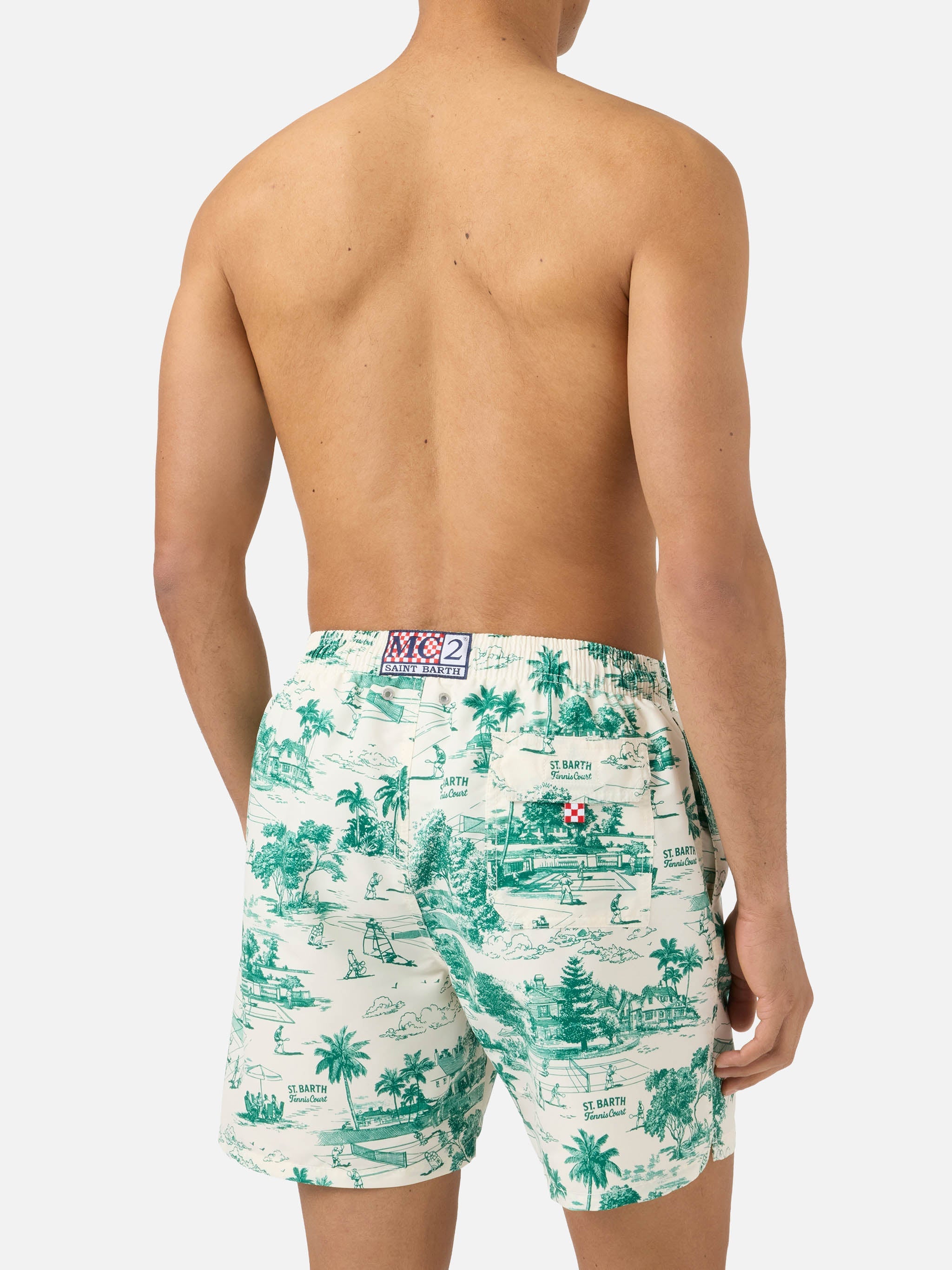 Gustavia Swim Shorts With Green Toile De Jouy Print White Swimshort