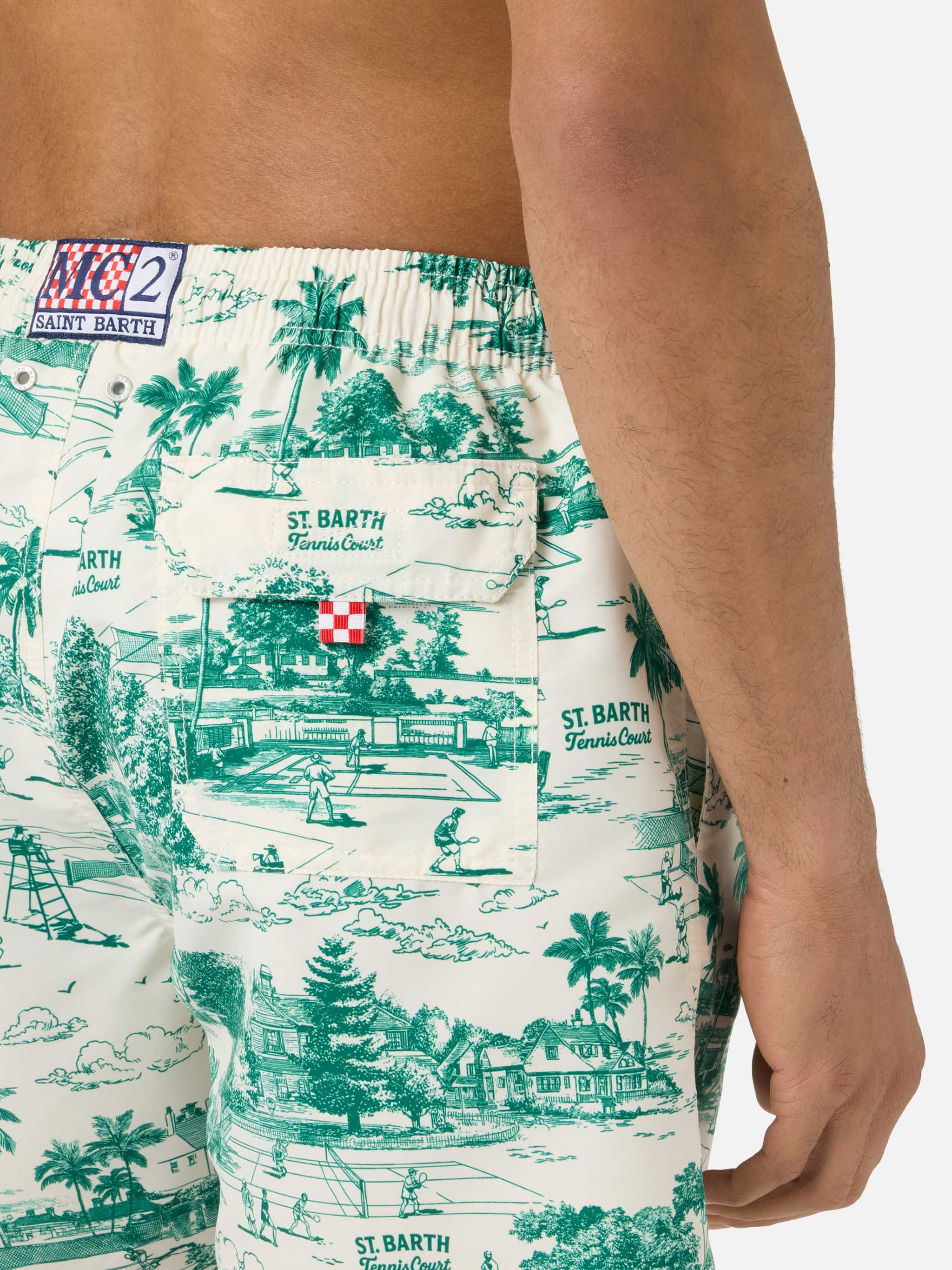 Gustavia Swim Shorts With Green Toile De Jouy Print White Swimshort