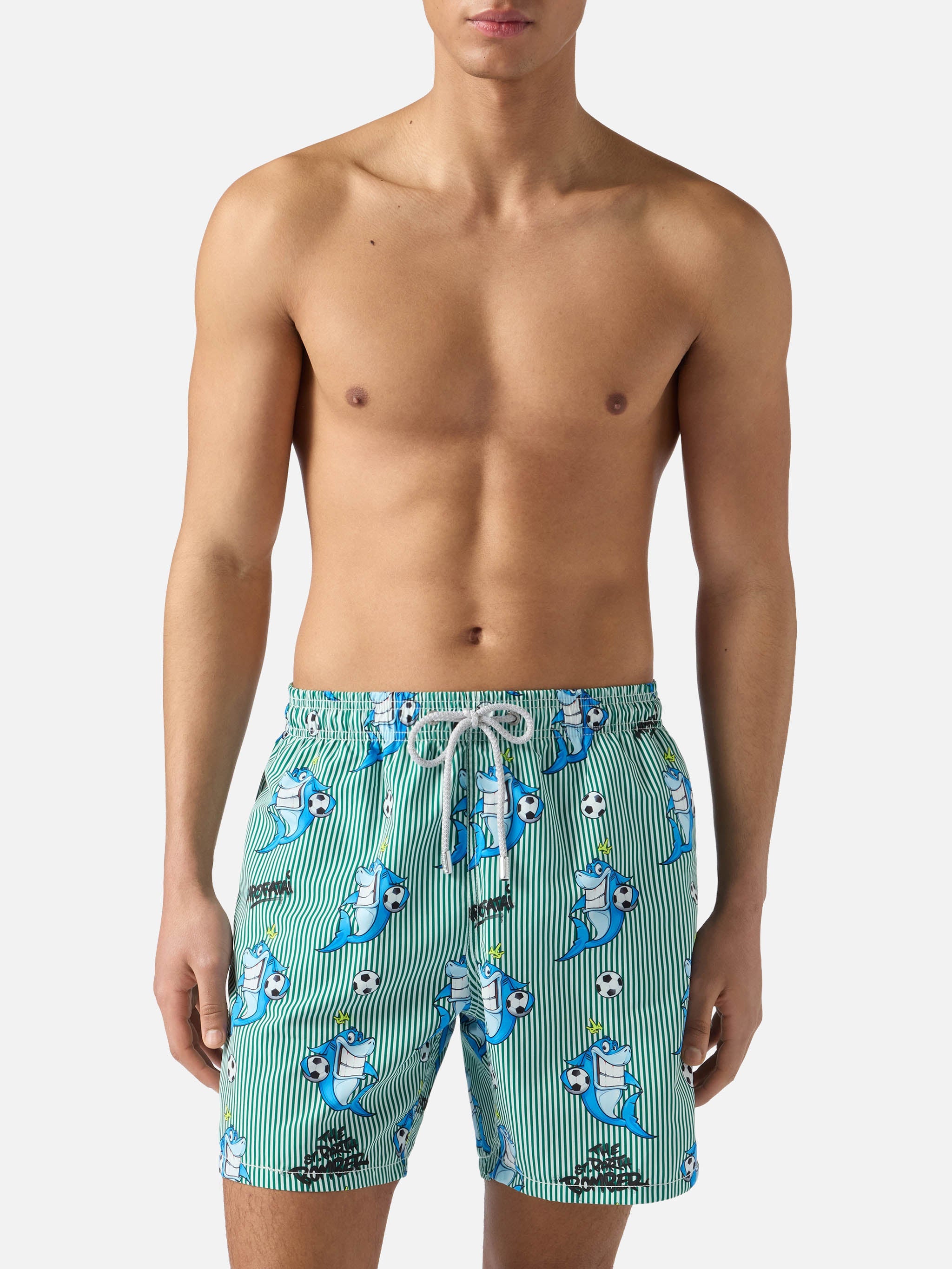 Gustavia Striped Swim Shorts With Shark Print | Special Edition Green Swimshort