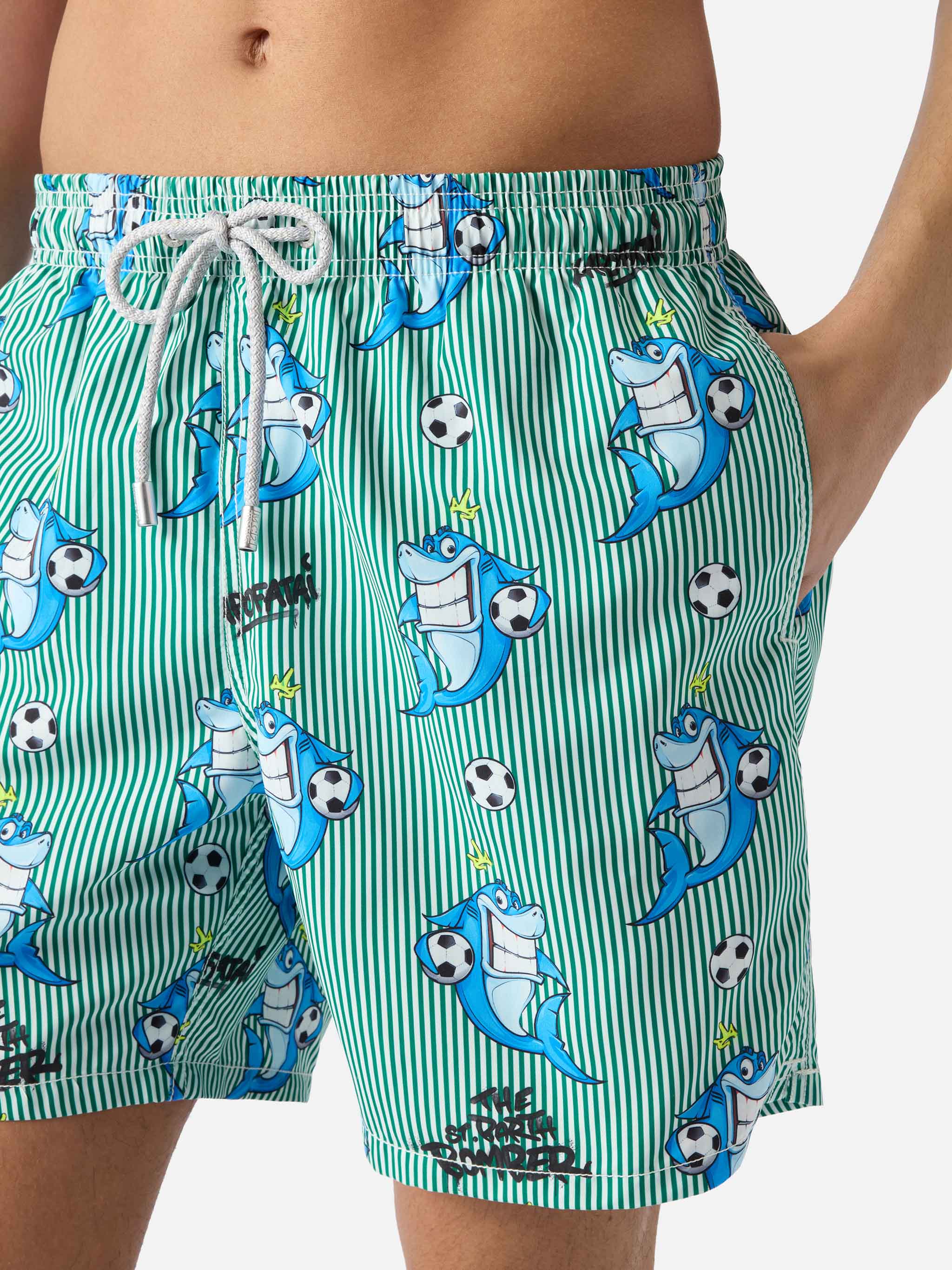 Gustavia Striped Swim Shorts With Shark Print | Special Edition Green Swimshort
