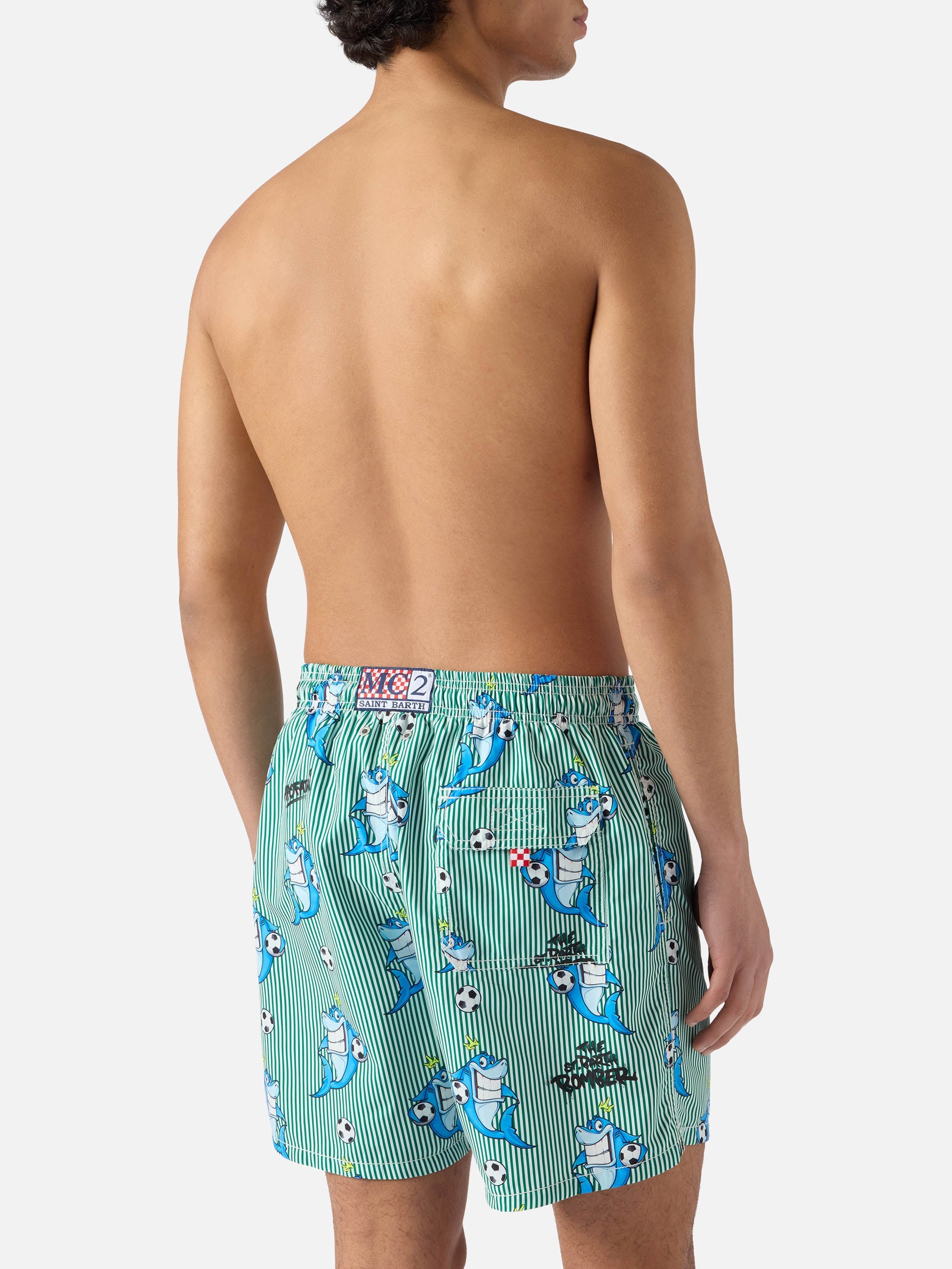 Gustavia Striped Swim Shorts With Shark Print | Special Edition Green Swimshort