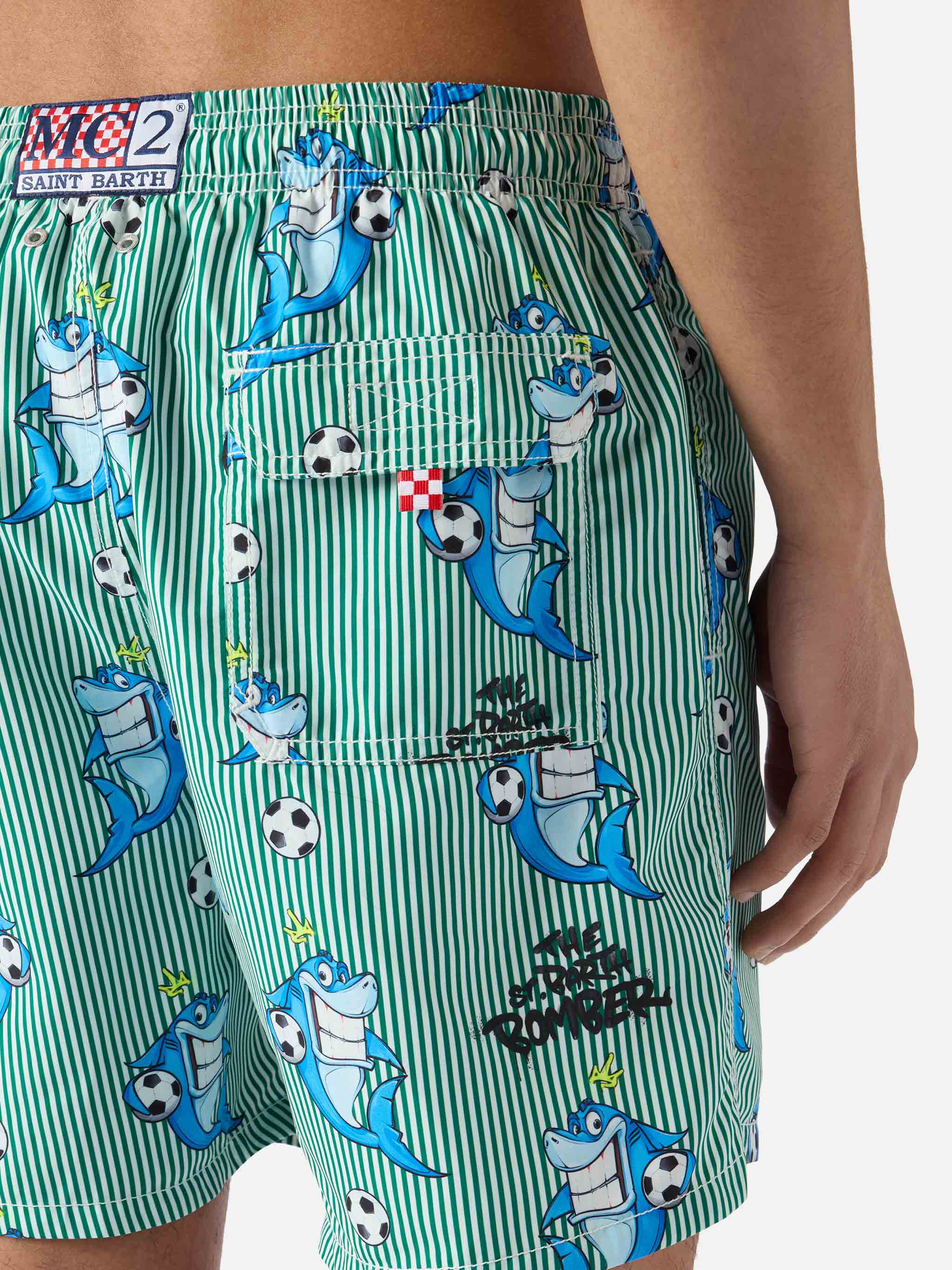 Gustavia Striped Swim Shorts With Shark Print | Special Edition Green Swimshort