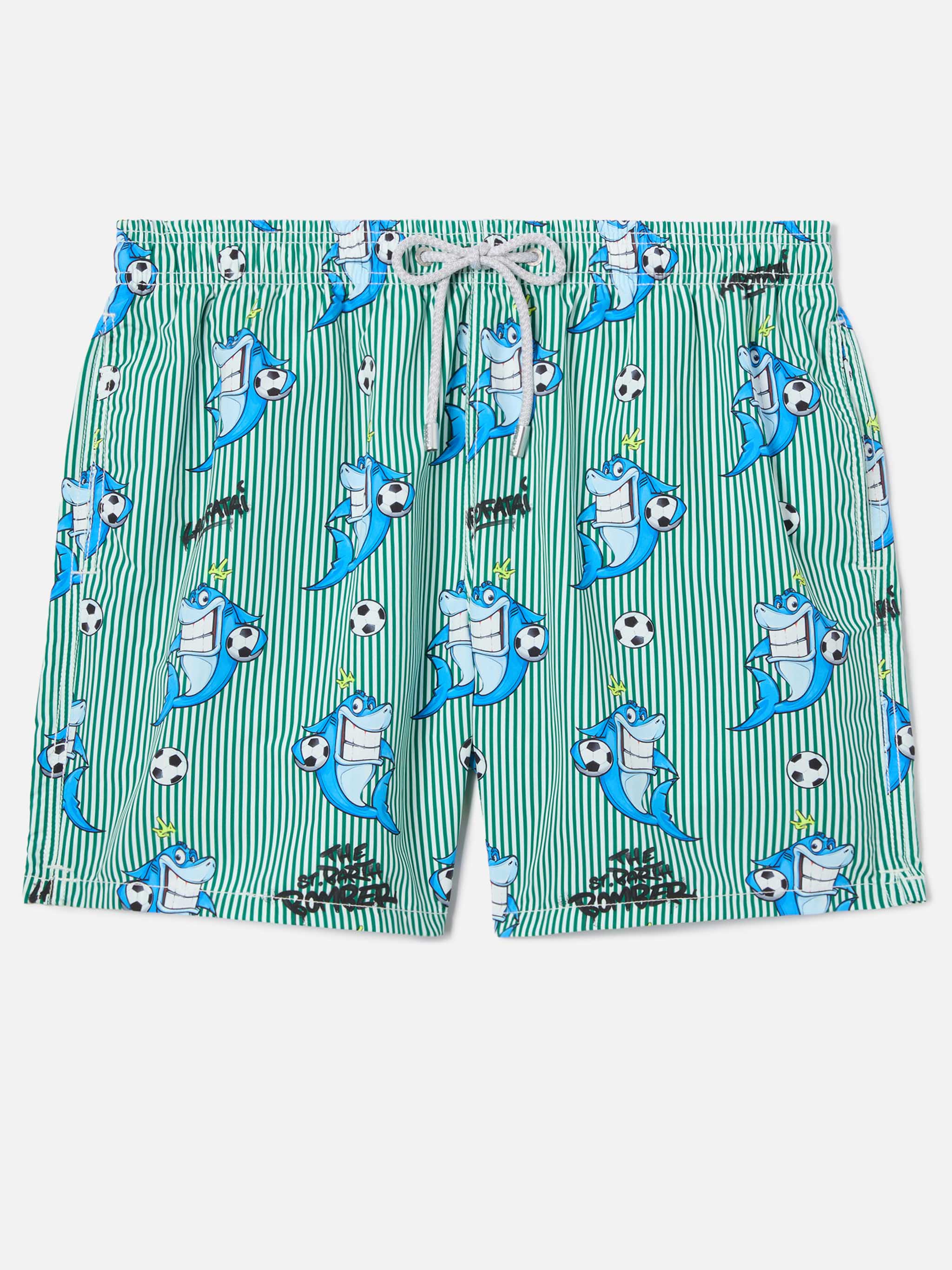 Gustavia Striped Swim Shorts With Shark Print | Special Edition Green Swimshort
