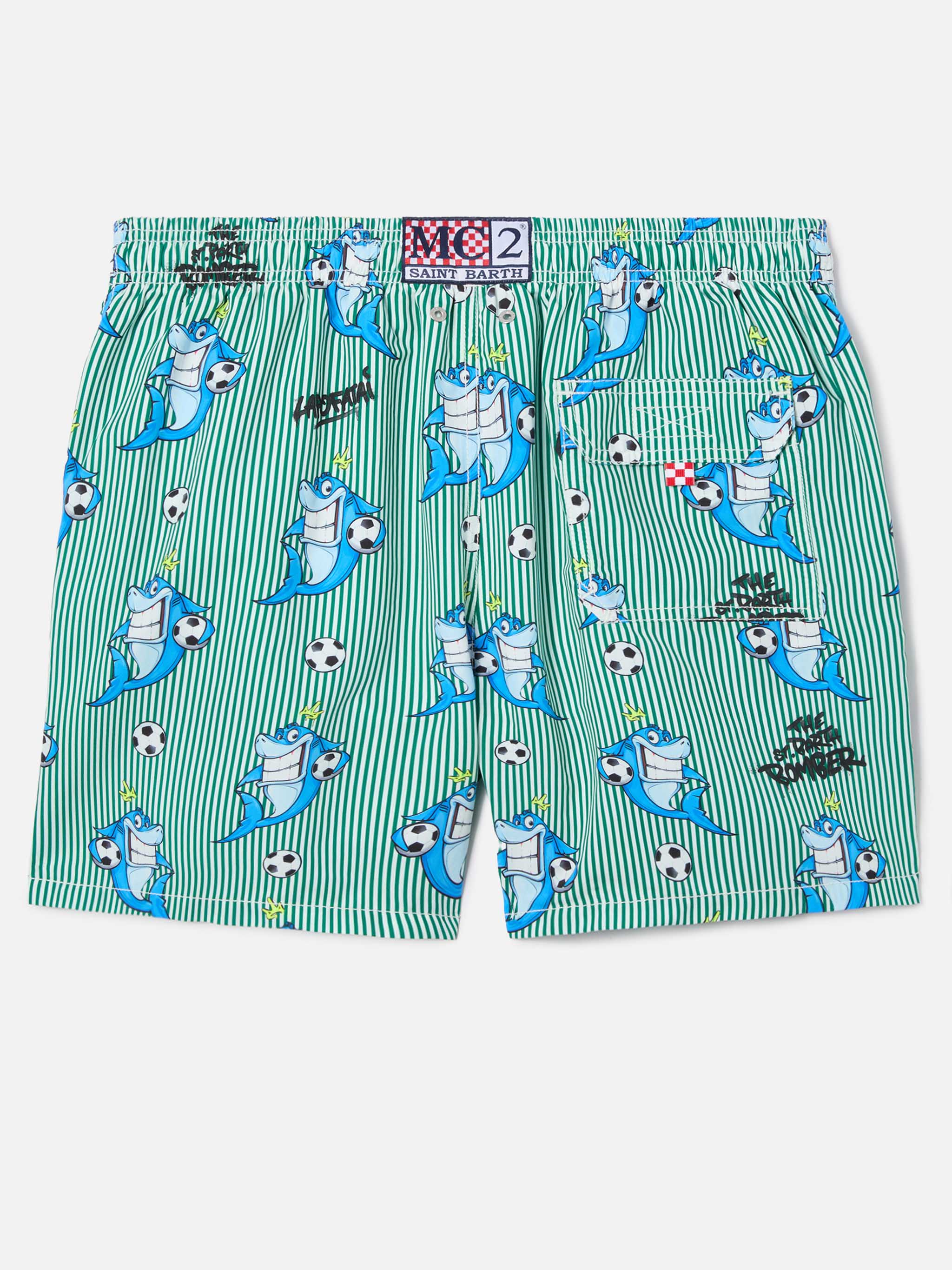 Gustavia Striped Swim Shorts With Shark Print | Special Edition Green Swimshort