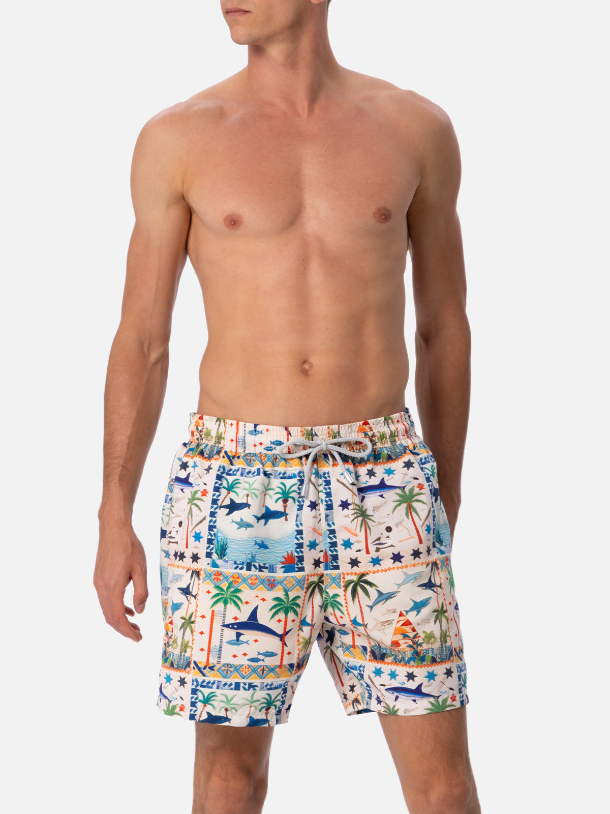 Mid-Length Gustavia Swim-Shorts With Shark Print | Ai Co-Created Design By Rickdick - Powered Red-Eye White Swimshort