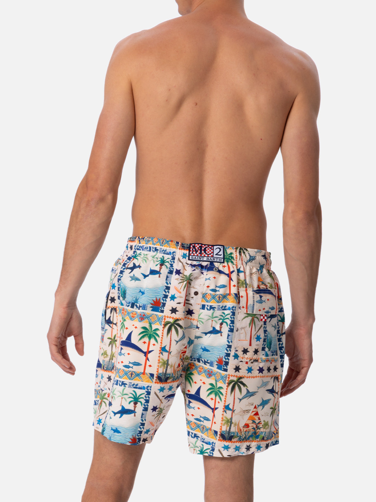Mid-Length Gustavia Swim-Shorts With Shark Print | Ai Co-Created Design By Rickdick - Powered Red-Eye White Swimshort