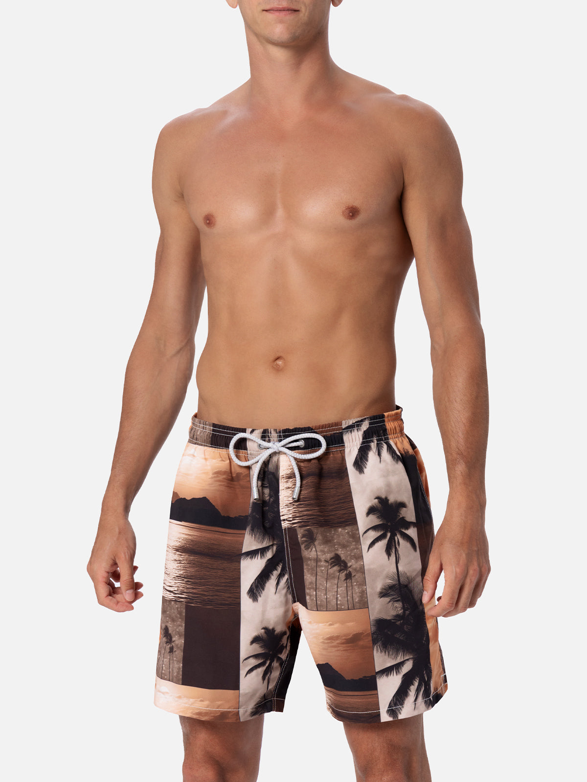 Man Mid-Length Gustavia Swim-Shorts With Photo Sunset Print | Ai Co-Created Design By Rickdick - Powered Red-Eye Brown Swimshort