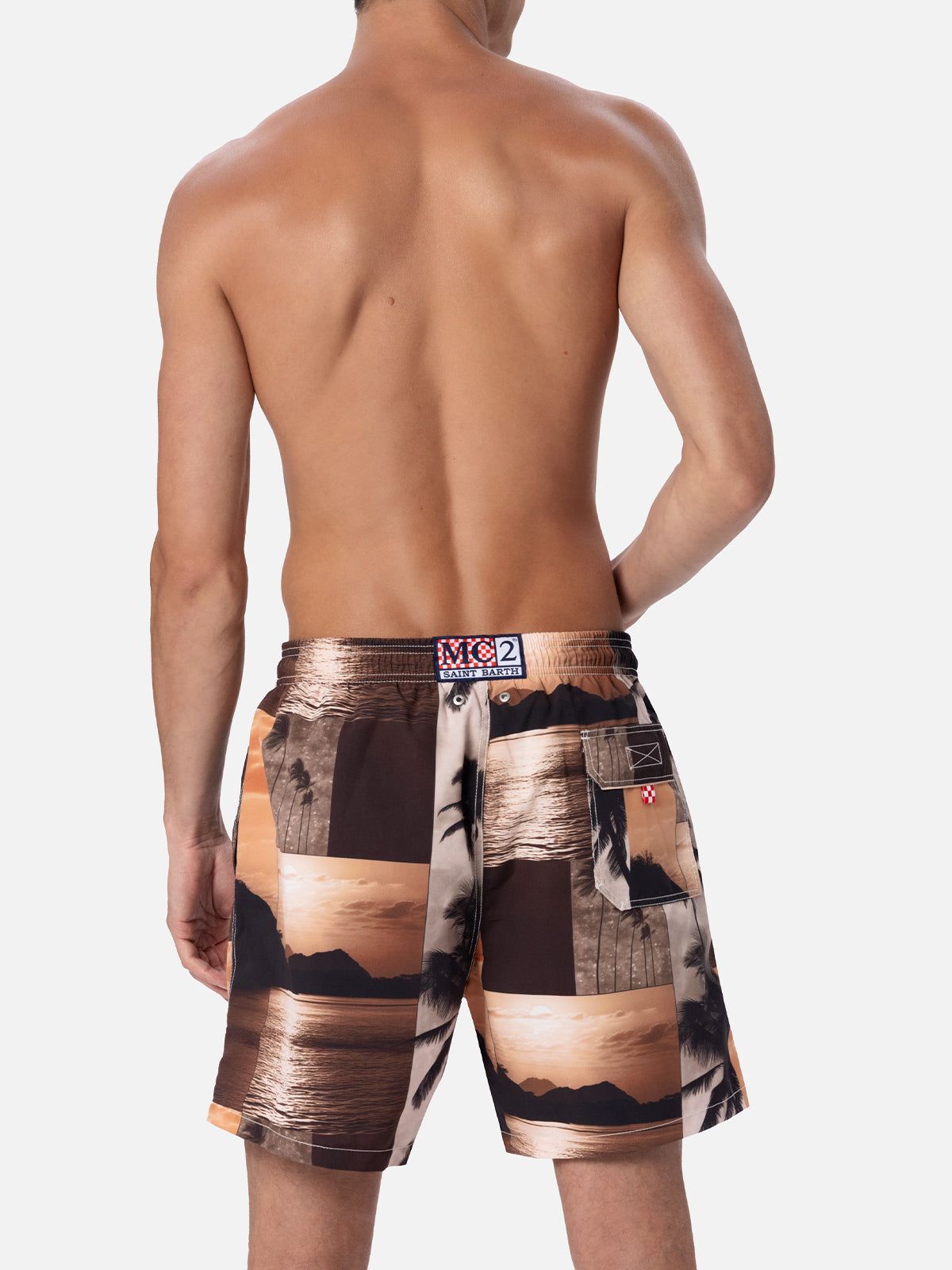 Man Mid-Length Gustavia Swim-Shorts With Photo Sunset Print | Ai Co-Created Design By Rickdick - Powered Red-Eye Brown Swimshort