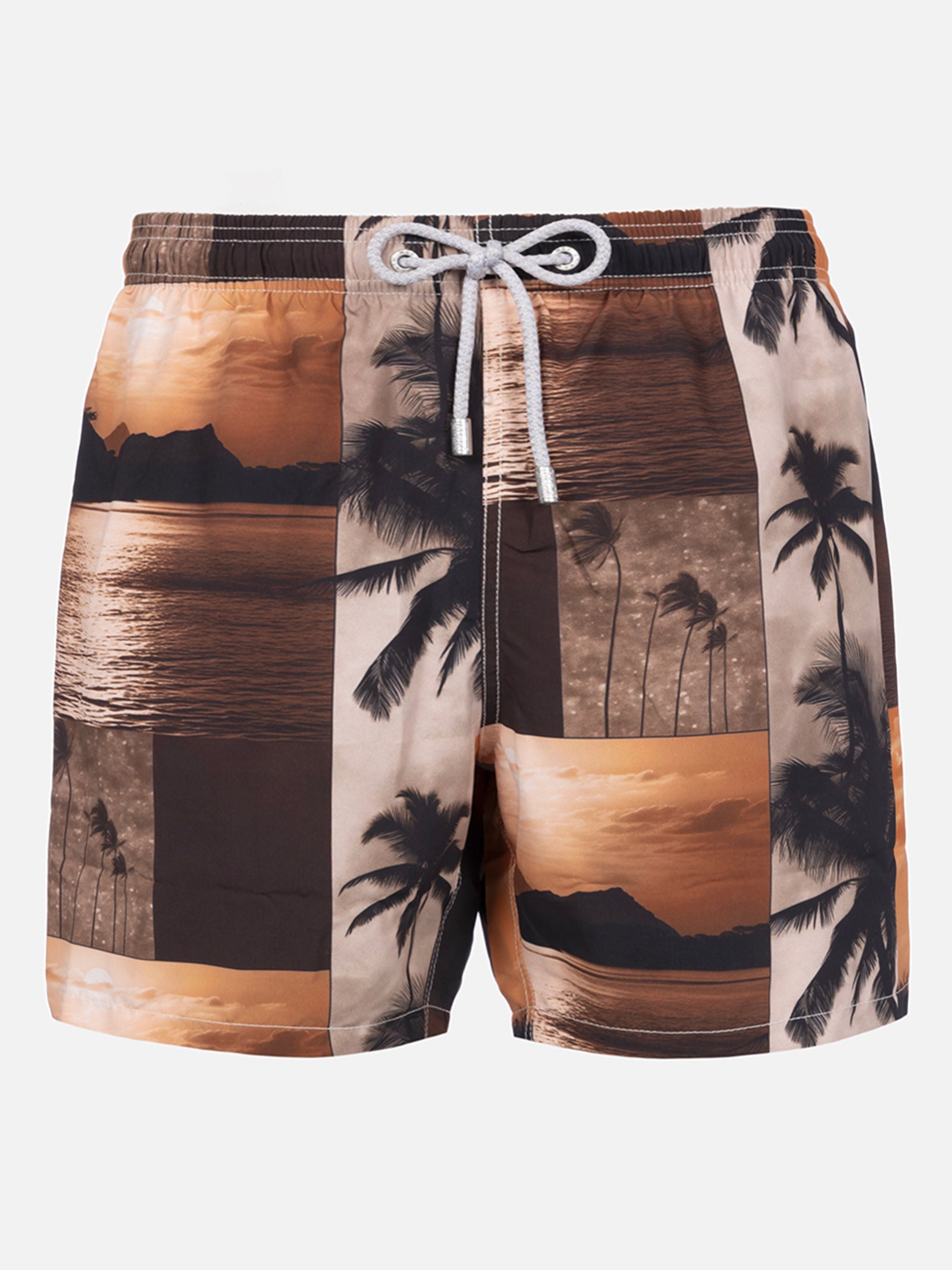 Man Mid-Length Gustavia Swim-Shorts With Photo Sunset Print | Ai Co-Created Design By Rickdick - Powered Red-Eye Brown Swimshort