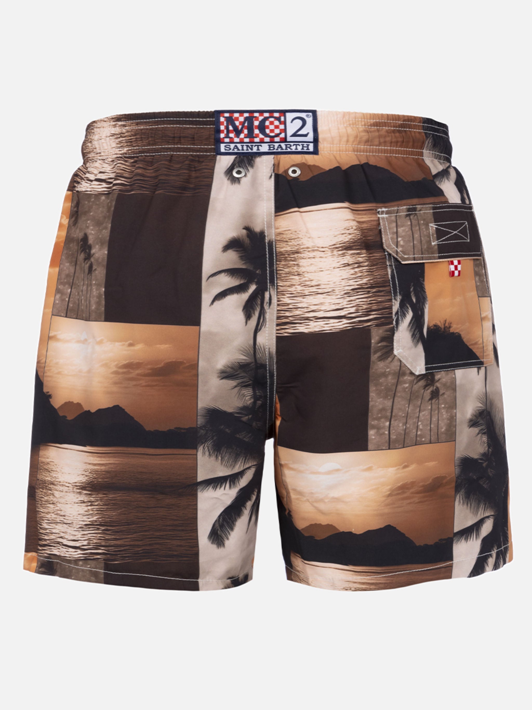 Man Mid-Length Gustavia Swim-Shorts With Photo Sunset Print | Ai Co-Created Design By Rickdick - Powered Red-Eye Brown Swimshort