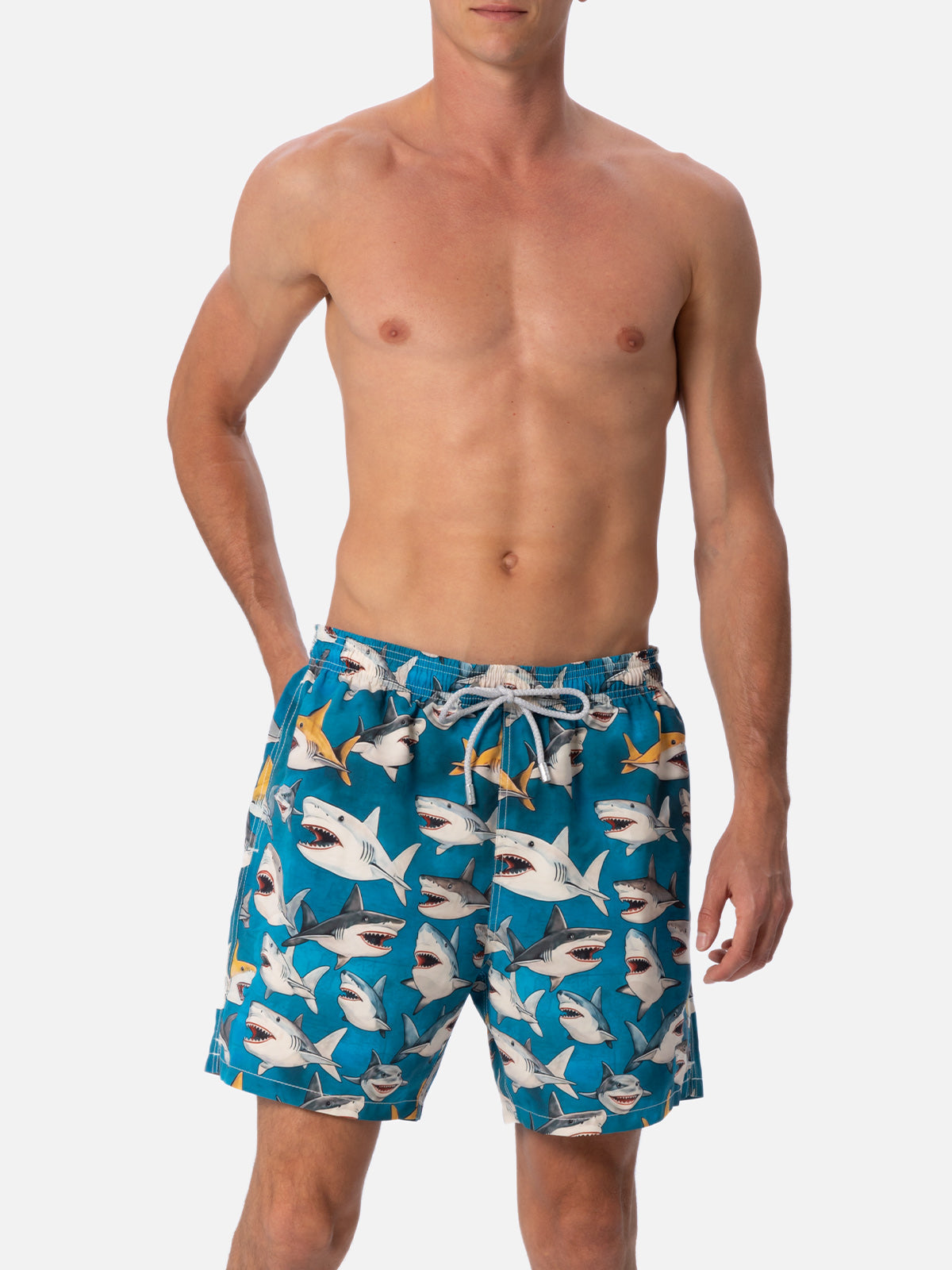 Man Mid-Length Gustavia Swim-Shorts With Shark Print | Ai Co-Created Design By Rickdick - Powered Red-Eye Green Swimshort