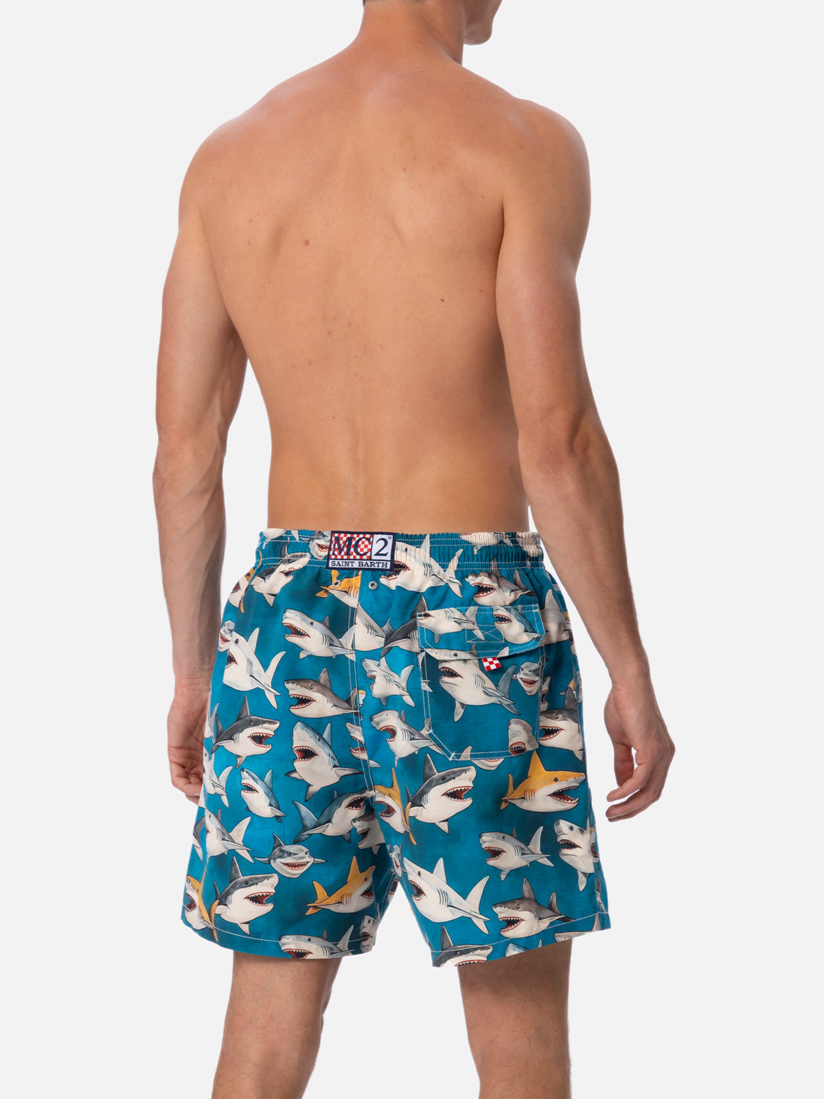 Man Mid-Length Gustavia Swim-Shorts With Shark Print | Ai Co-Created Design By Rickdick - Powered Red-Eye Green Swimshort