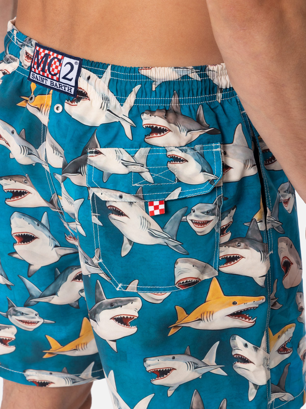 Man Mid-Length Gustavia Swim-Shorts With Shark Print | Ai Co-Created Design By Rickdick - Powered Red-Eye Green Swimshort
