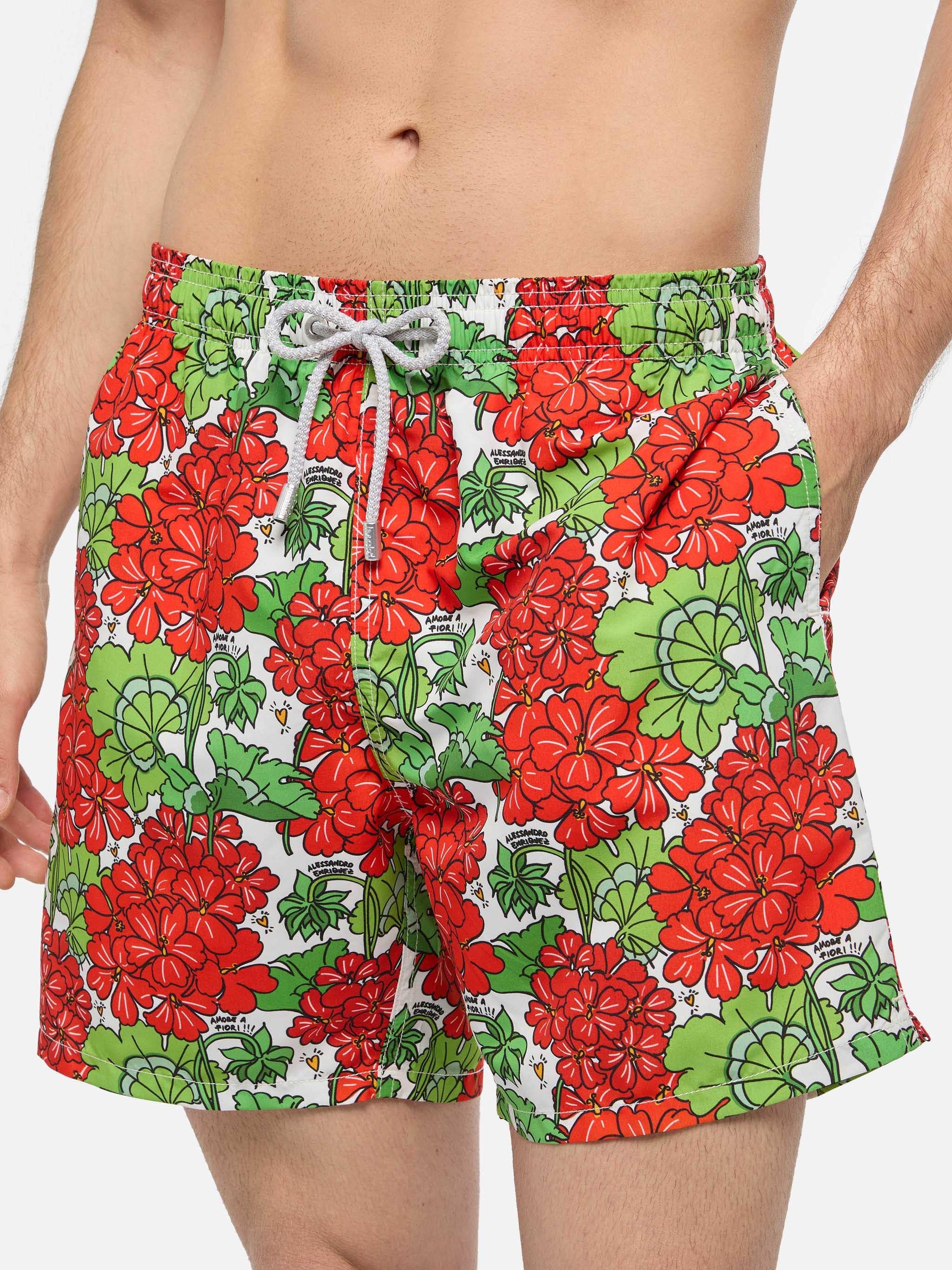 Mid-Length Gustavia Swim-Shorts With Flower Print | Alessandro Enriquez Special Edition White Swimshort