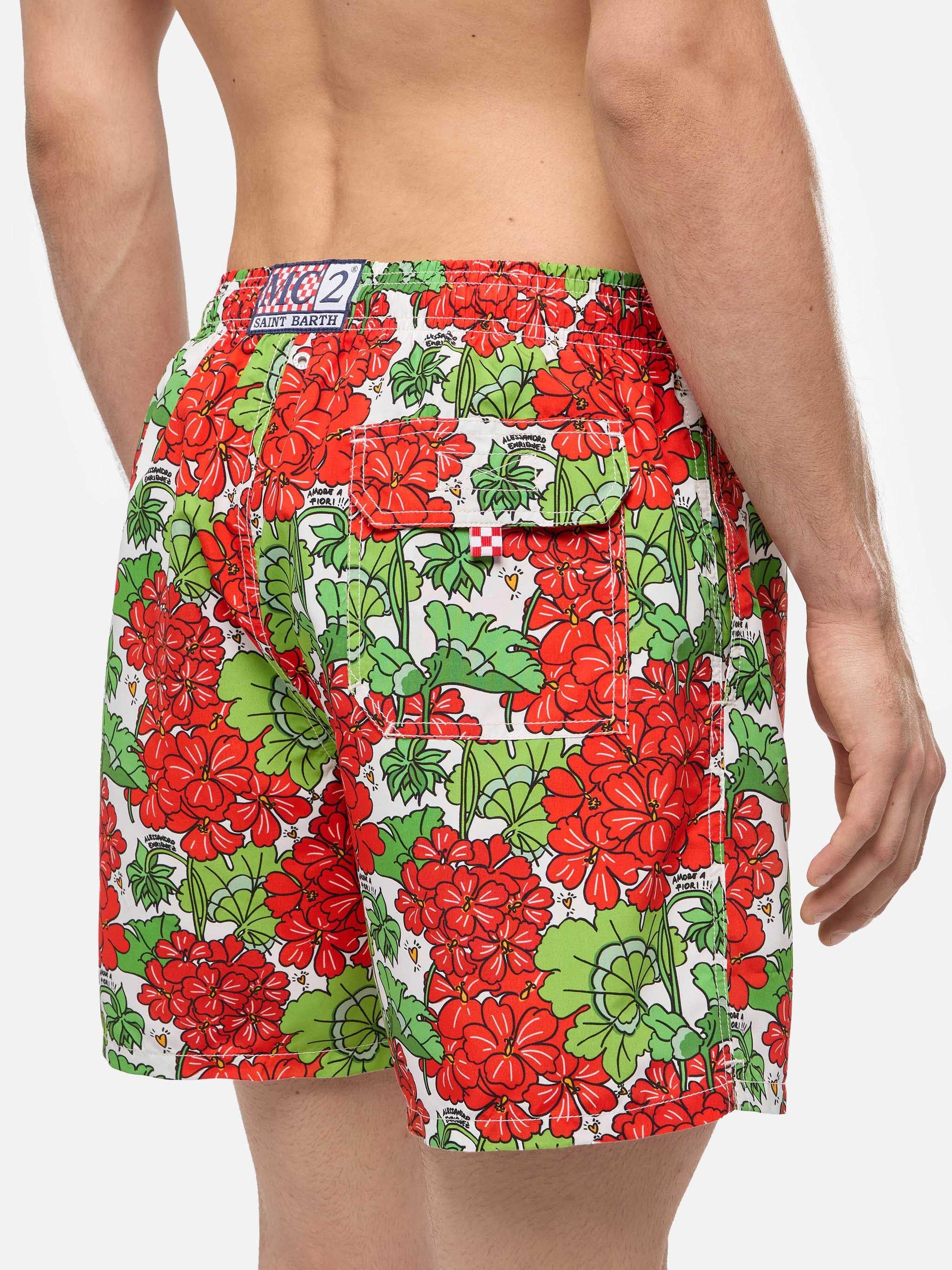 Mid-Length Gustavia Swim-Shorts With Flower Print | Alessandro Enriquez Special Edition White Swimshort