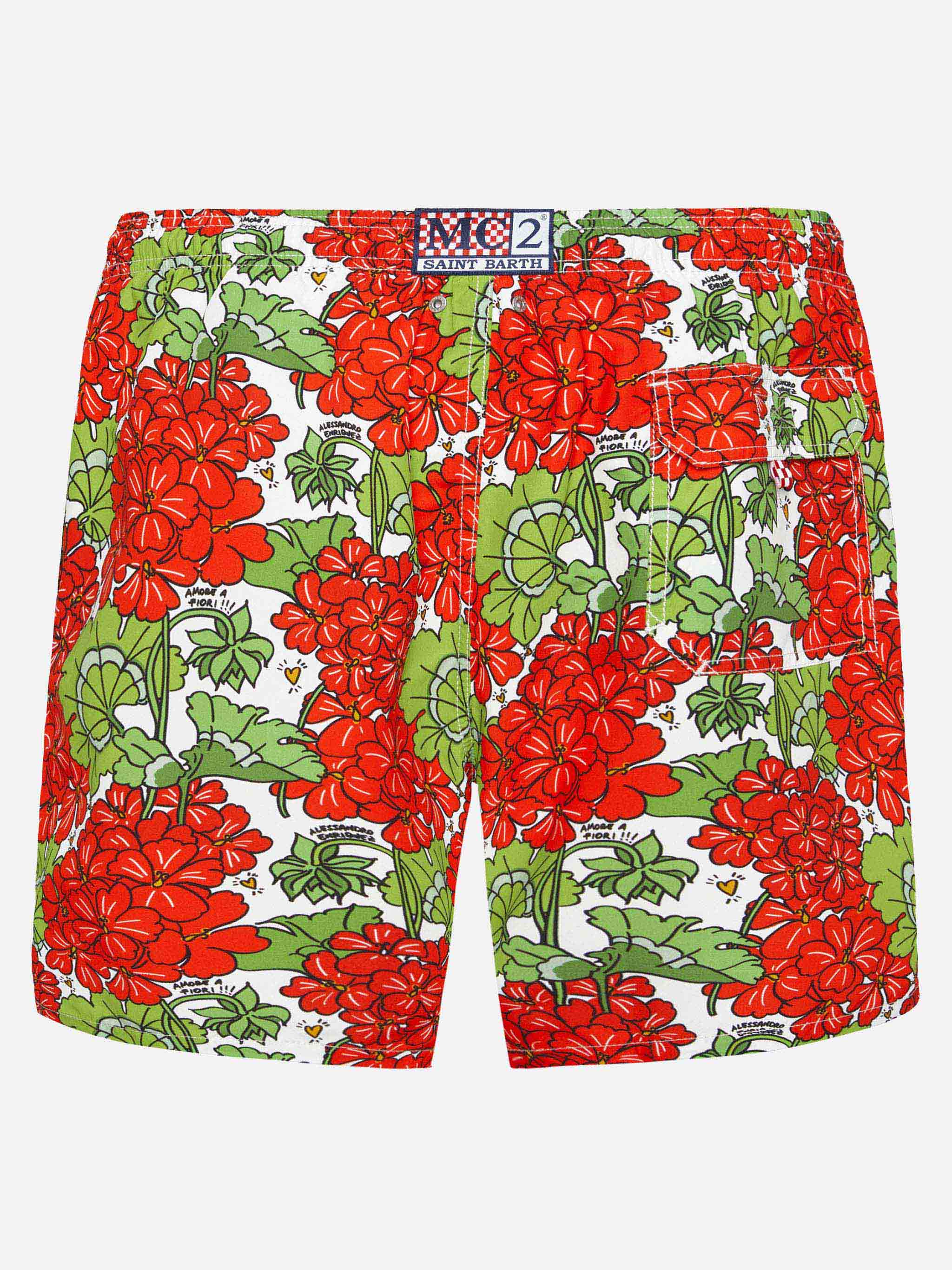 Mid-Length Gustavia Swim-Shorts With Flower Print | Alessandro Enriquez Special Edition White Swimshort