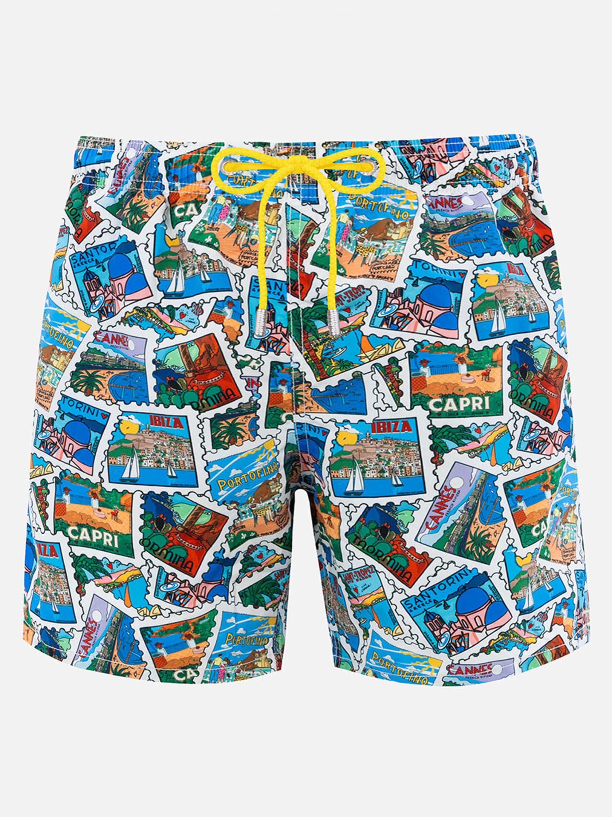 Mid-Length Gustavia Swim-Shorts With Postcard Print | Alessandro Enriquez Special Edition White Swimshort
